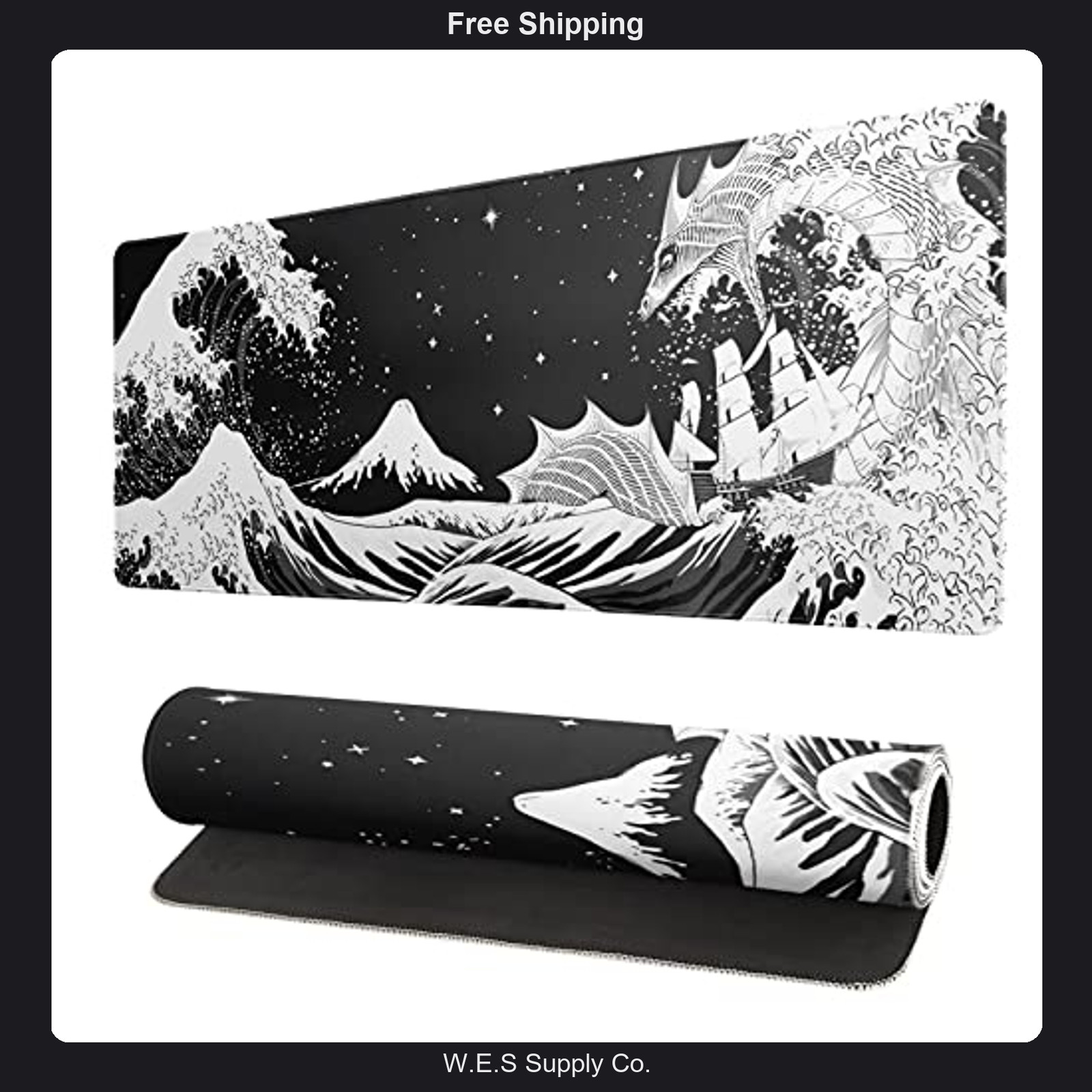 Black and White Japanese Wave Dragon Gaming Mouse Pad 31.5x11.8 Inch