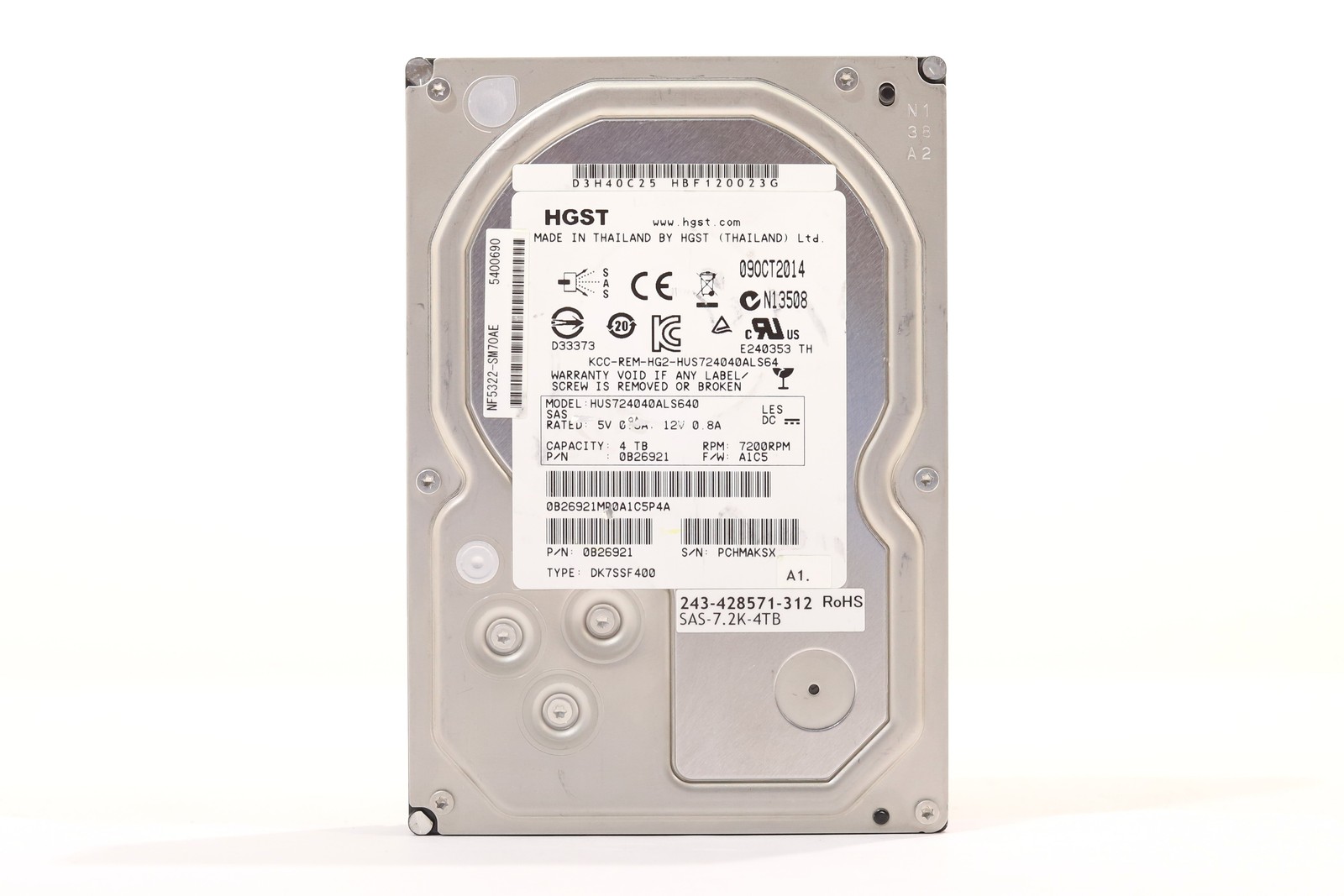 HGST HUS724040ALS640 4TB 3.5" 6Gb/s 64MB 7.2K RPM SAS Hard Drive P/N: 0B26921