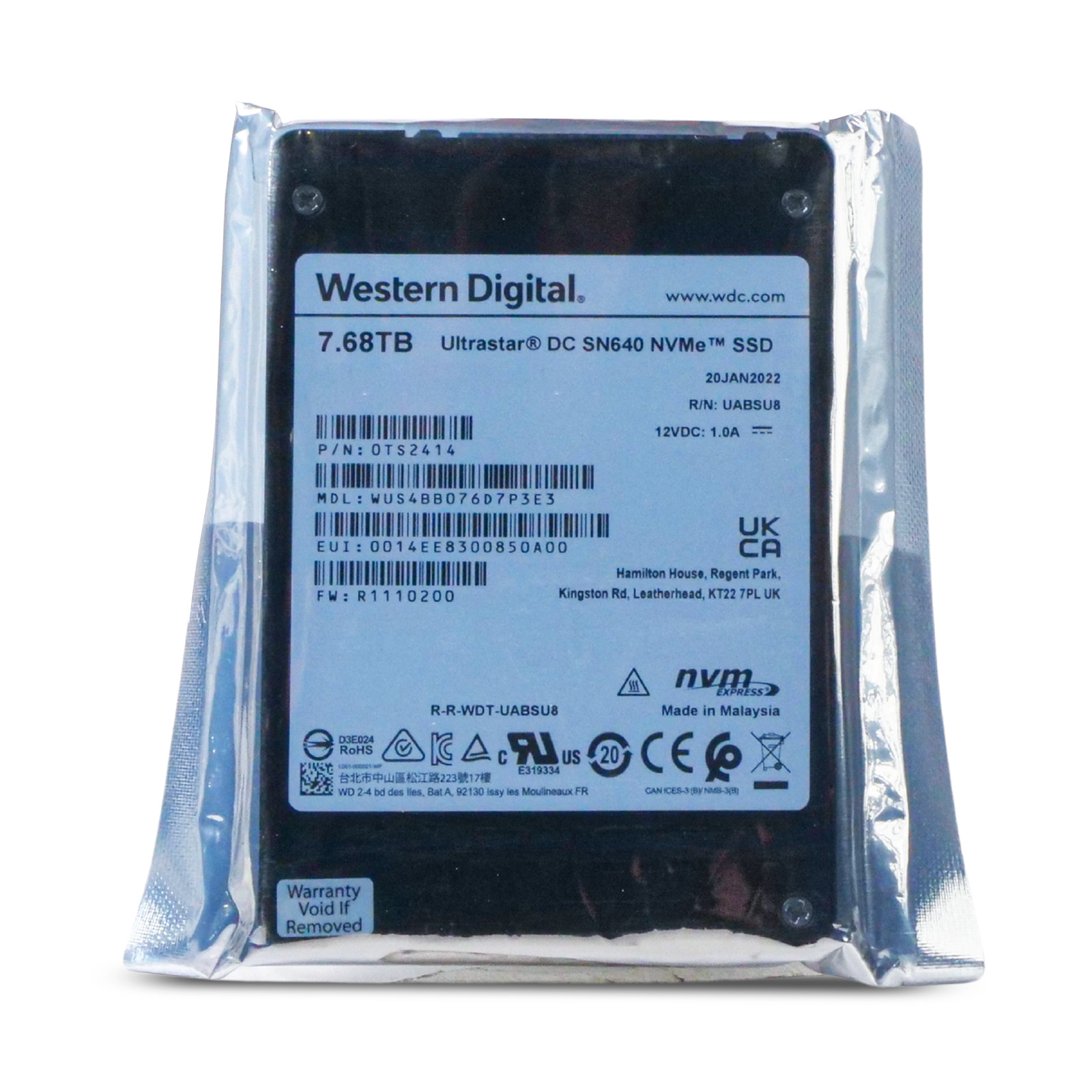 WD DC SN640 7.68TB WUS4BB076D7P3E3 0TS2414 PCIe Gen3.1x4 4GB/s U.2 NVMe 2.5" SSD