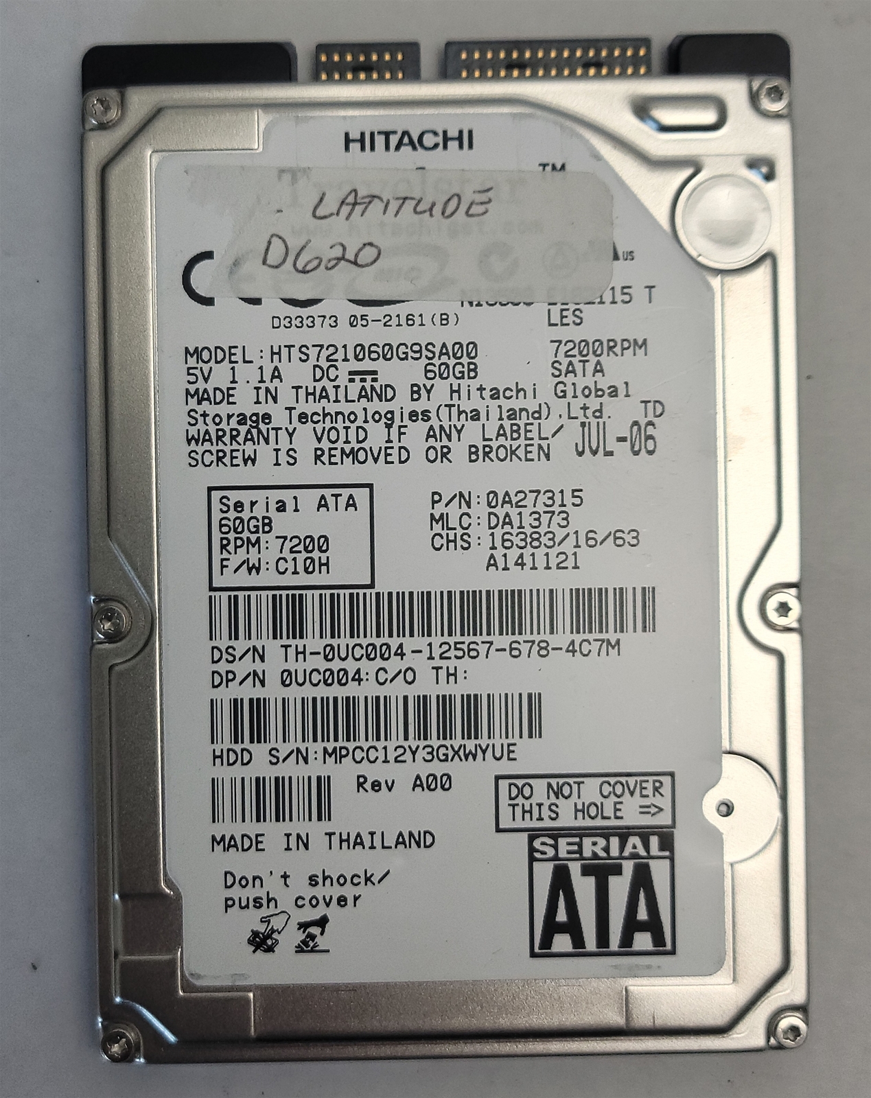 Hitachi Travelstar HTS721060G9SA00 2.5" HDD, 60 GB , SATA/ATAPI-7 Tested w/pics
