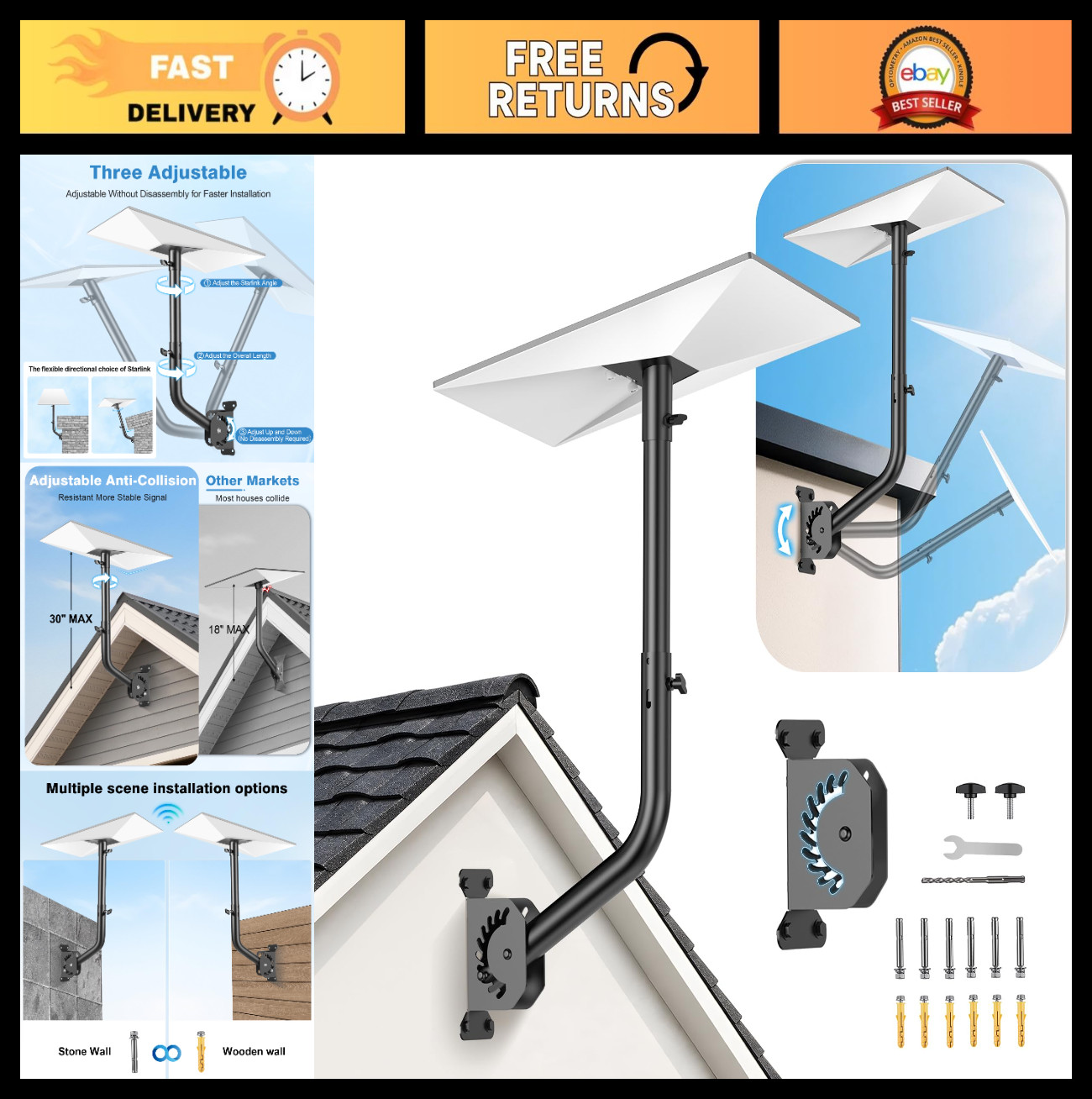 Adjustable Starlink Mount with Extension - Roof/Wall/Ceiling Kit for Gen 3, V3