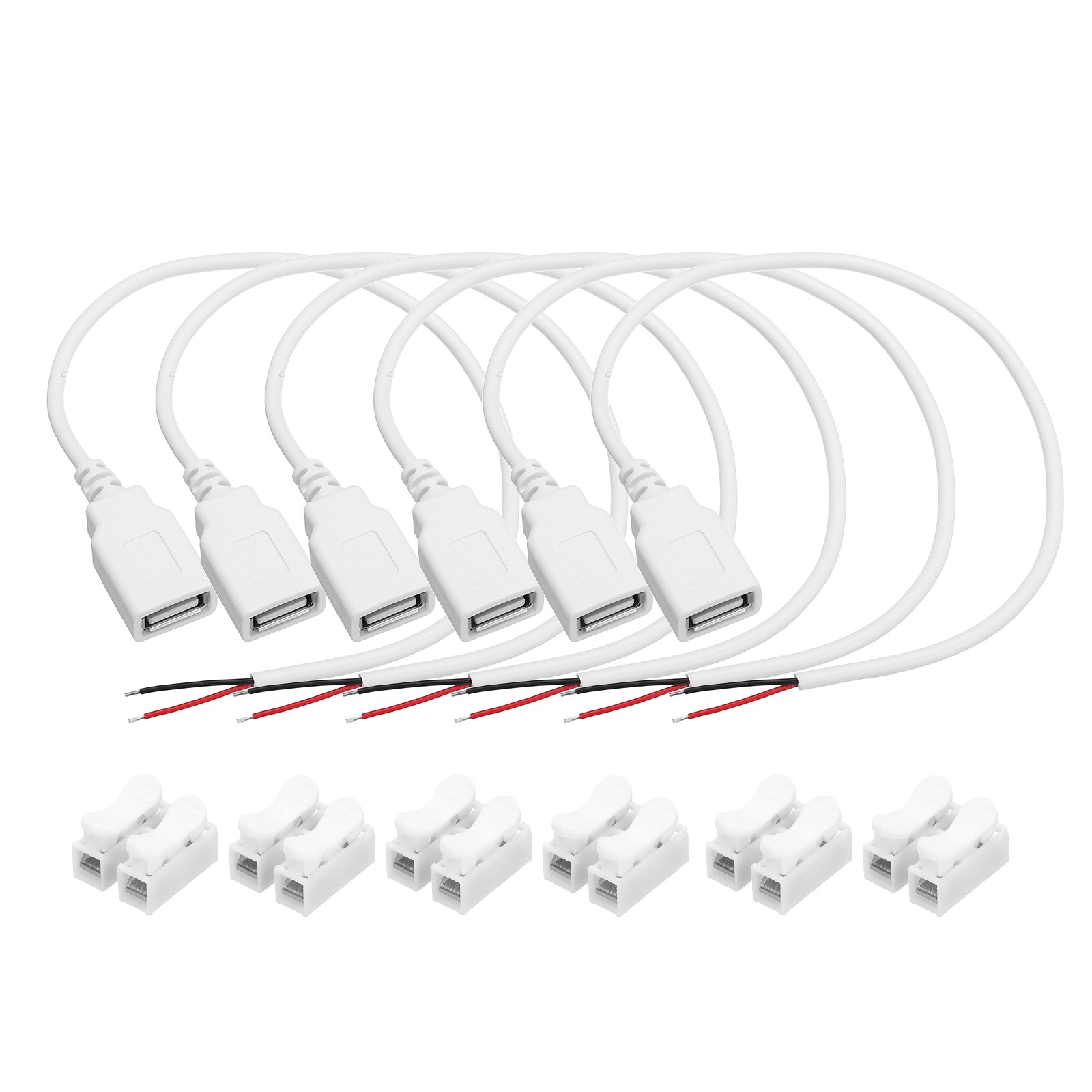 6Pcs USB Plug Pigtail, 0.3 M/1 ft Female 22 AWG 5V 3A with Wire Connector, White