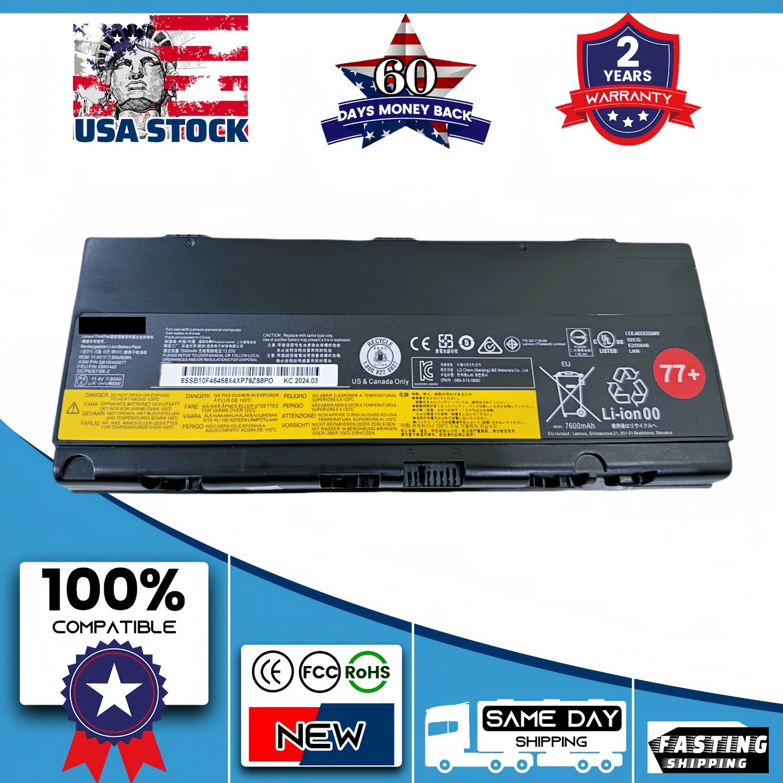 New Genuine 77+ L17l6P51 01AV477 01AV495 Battery for Lenovo P50 P51 P52 7600mAh