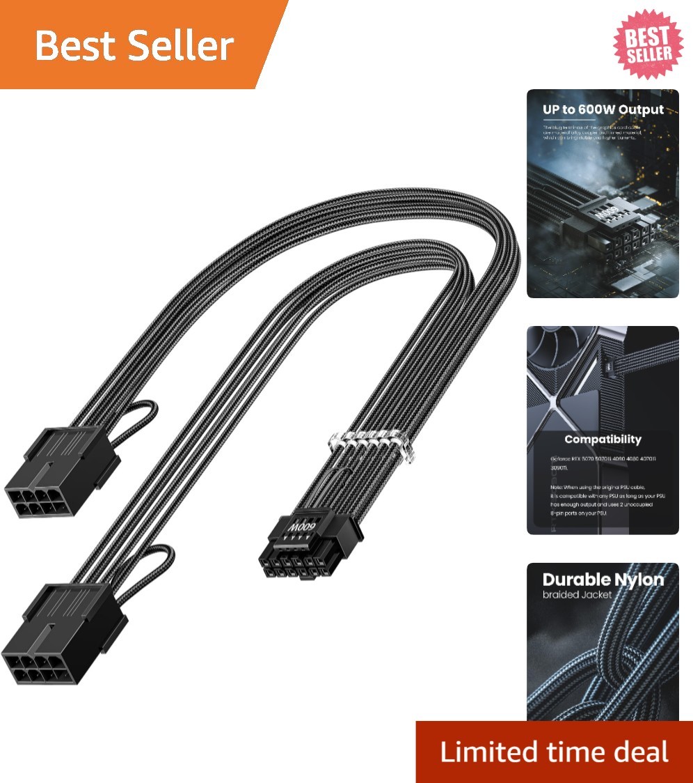 High-Performance 30cm 16 Pin to 2x8 Pin PCIe Power Adapter - Braided Black