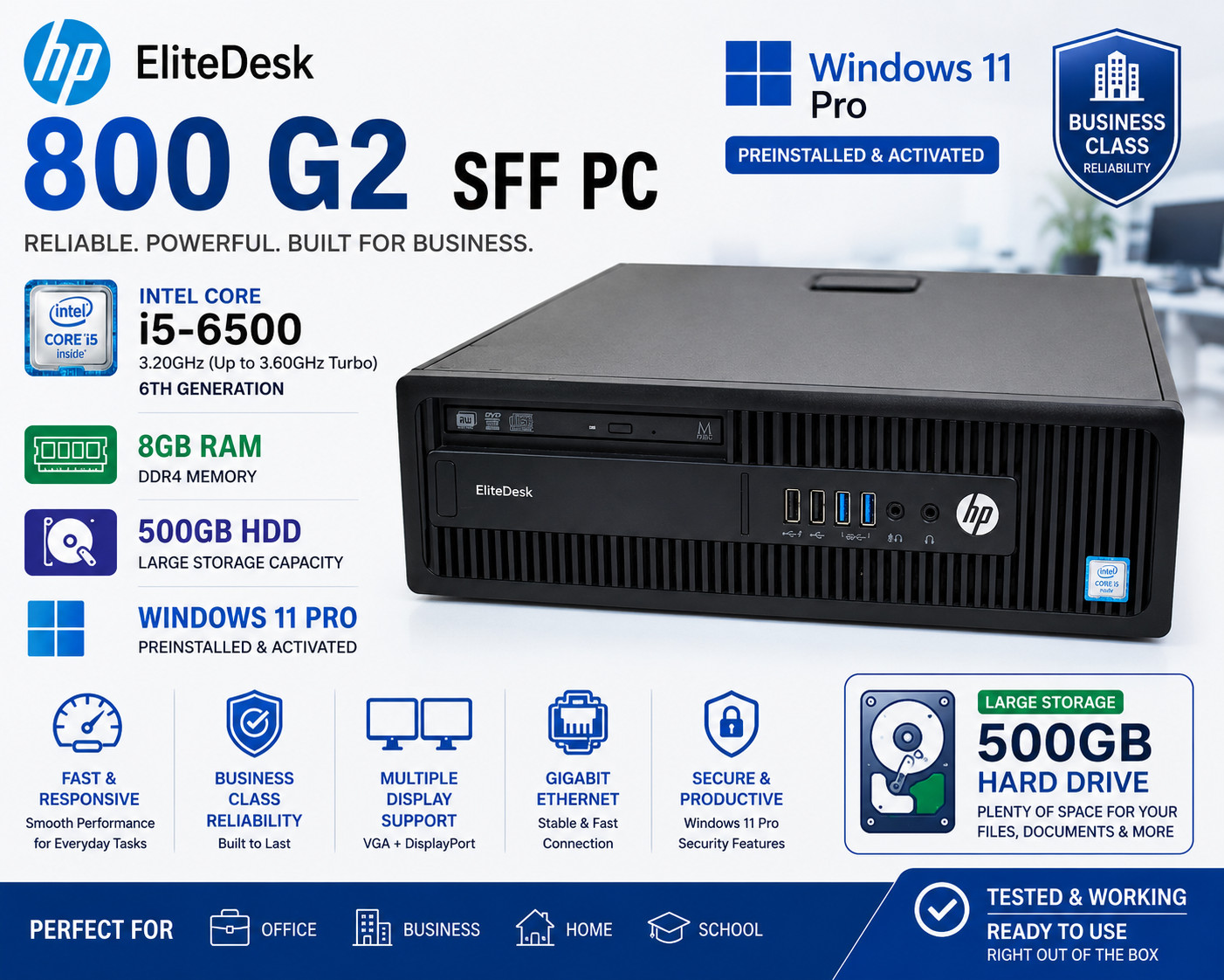 HP EliteDesk 800 G2 SFF i5-6500 8GB RAM 500GB HDD Windows 11 Pro PC