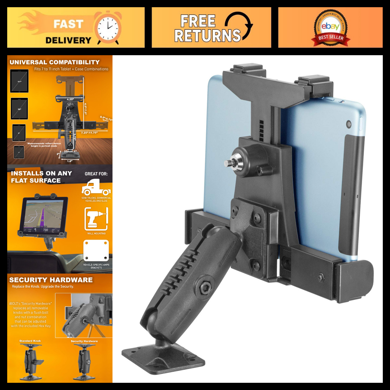 Universal Tablet Drill Base Mount for 7-10" Devices - Secure Truck Docking Solut