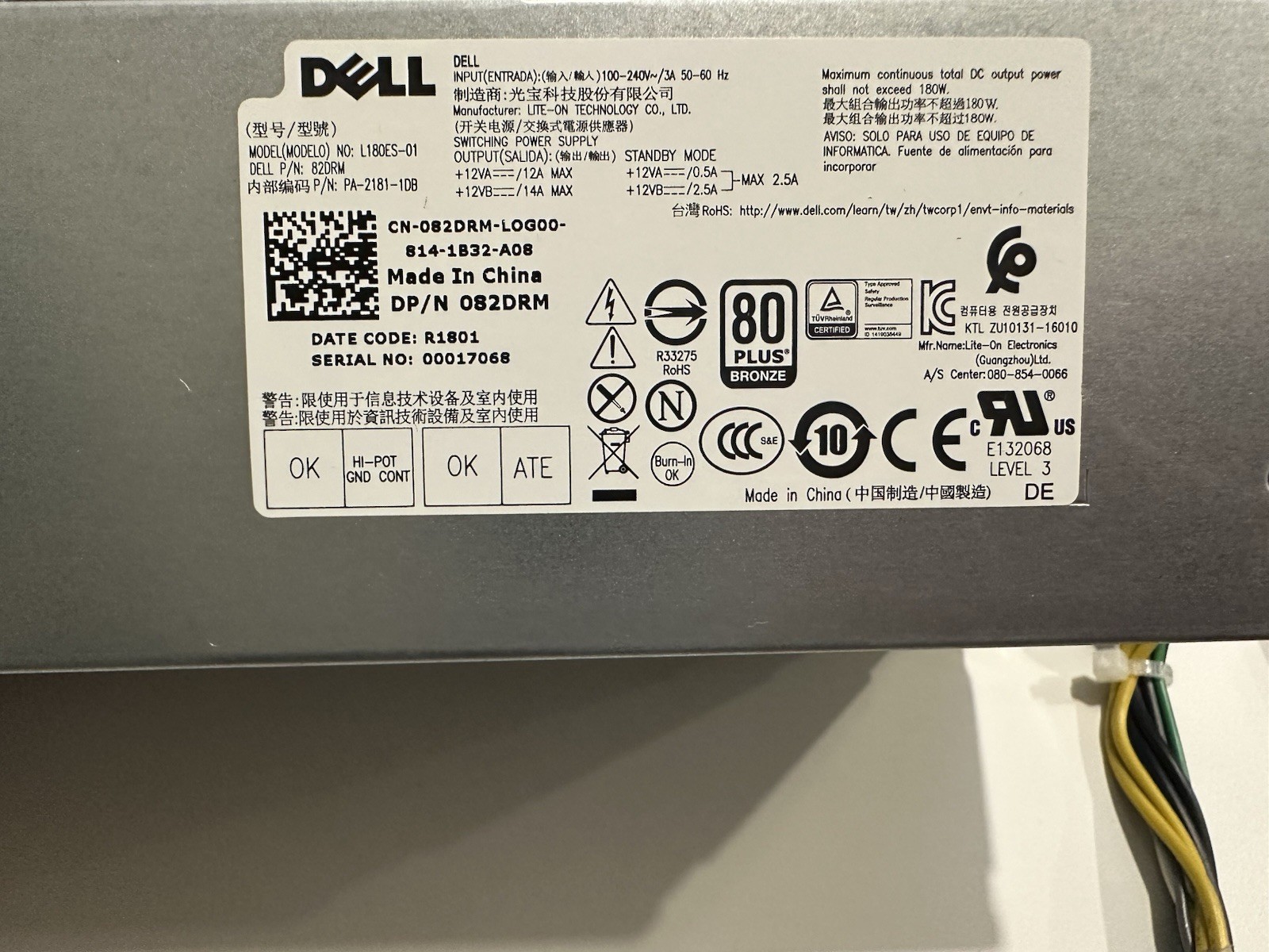 Dell Genuine Optiplex SFF 7050 082DRM 82DRM Power Supply 180W TESTED