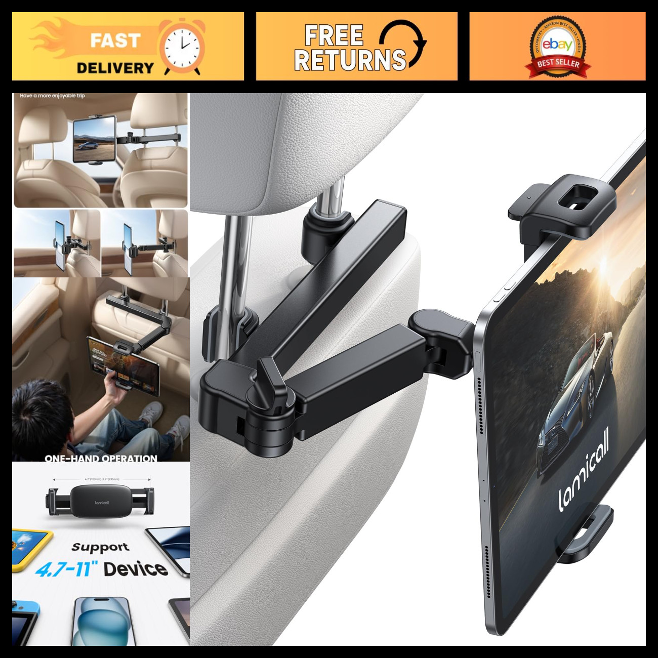 Adjustable 3-in-1 Car Headrest Tablet Holder with Extension Arm - Universal Fit
