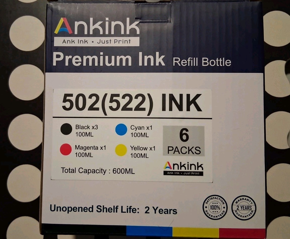 ANKINK 502 522 INK REFILL 6-Pack 600ML FOR EPSON ET-2800 EXPIRATION DATE 09/27