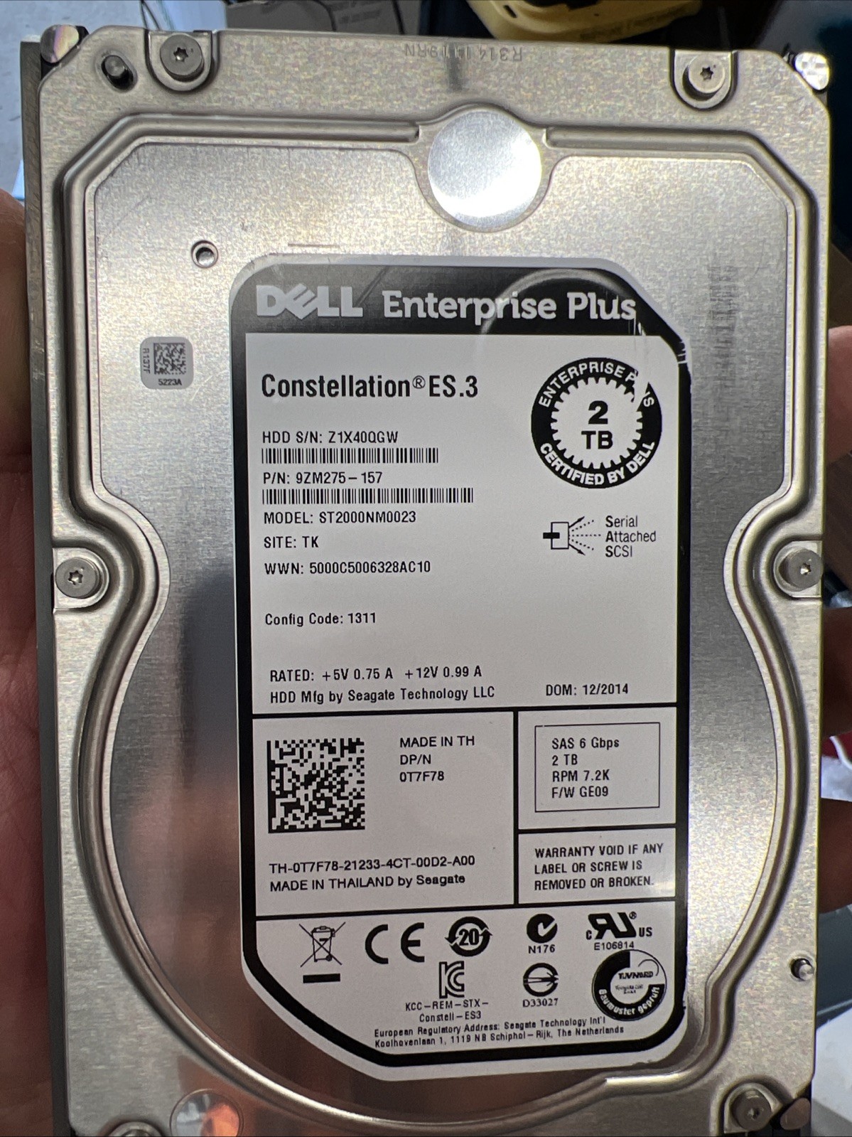 LOT OF 5 DELL 0T7F78 SEAGATE ES.3 ST2000NM0023  2TB SAS SERVER HARD DRIVE