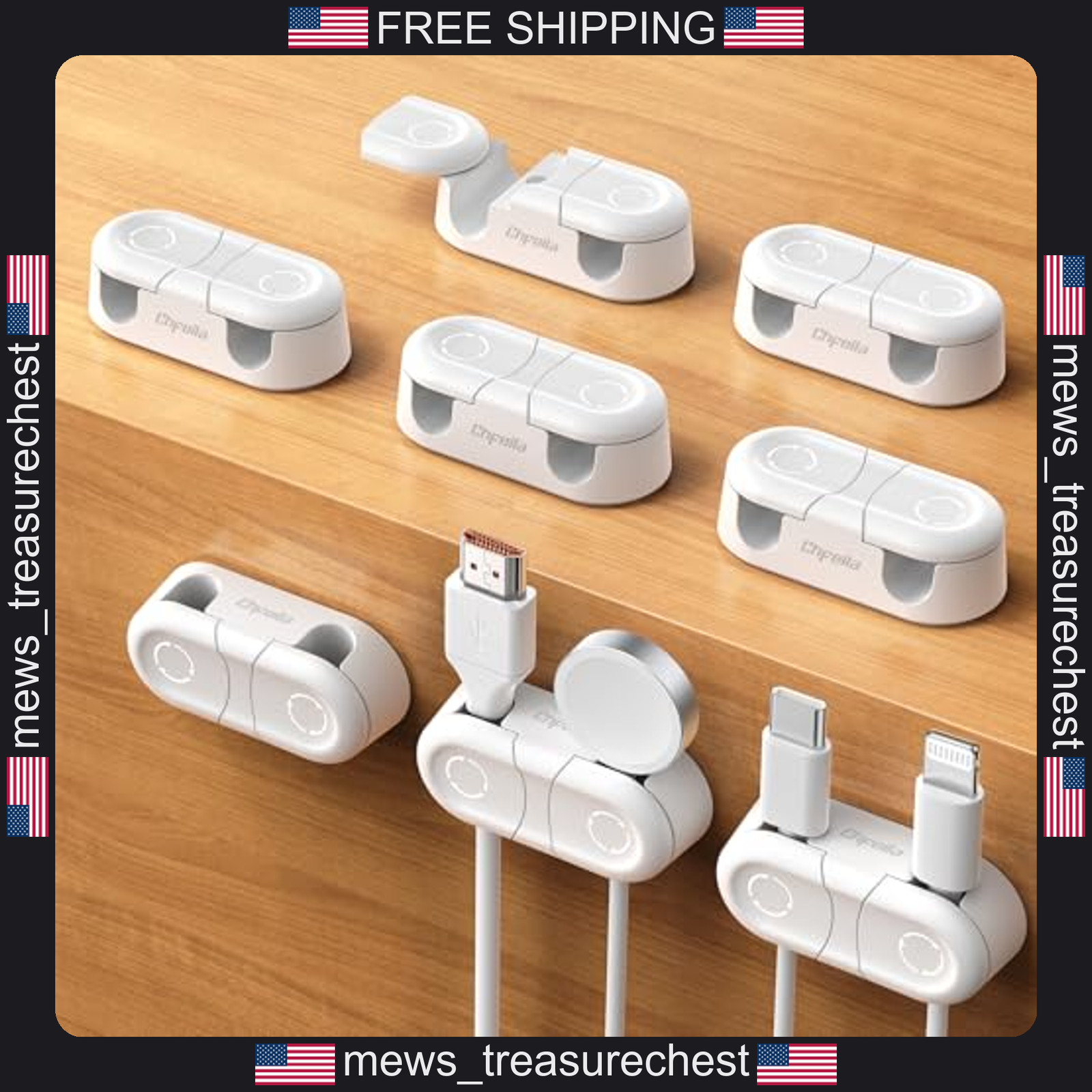 Magnetic Cable Clips 8 Pack Dual Slot Cord Organizer White