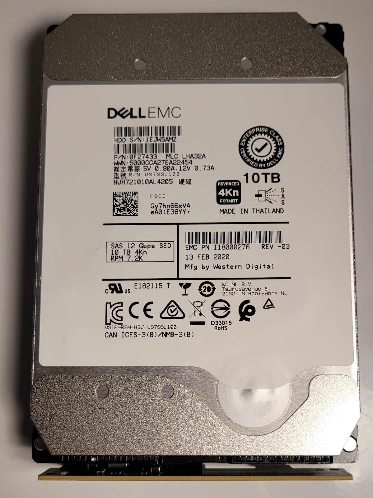 Dell EMC 0F27433 (HGST) 10 TB 3.5" SAS 12 Gbps 4Kn SED HDD 118000276 REV-03