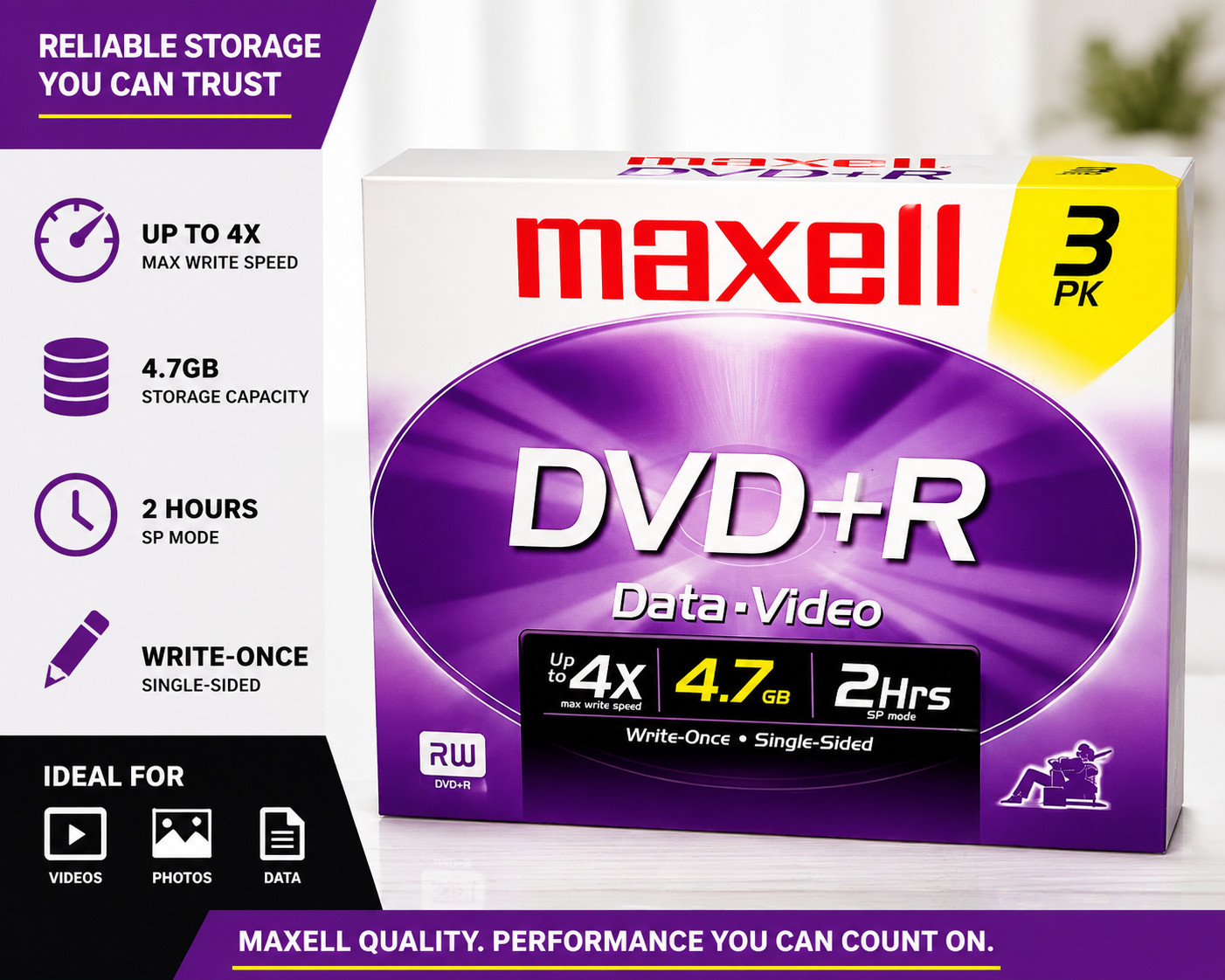 Maxell DVD+R 4.7GB 4X Blank Discs w Jewel Cases 3 Pack New