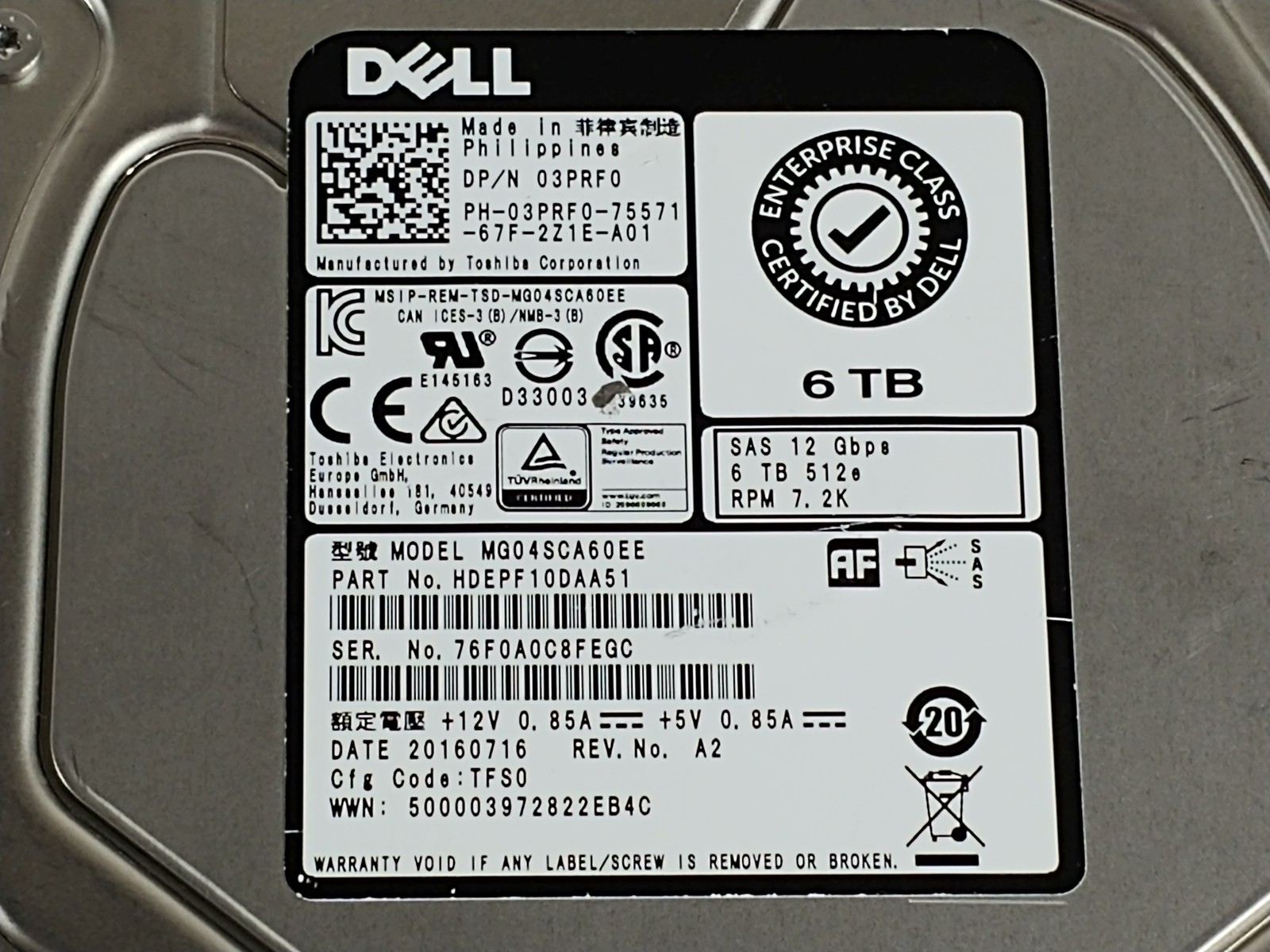 Toshiba Dell MG04SCA60EE 6 TB SAS 3 3.5 in Enterprise Drive