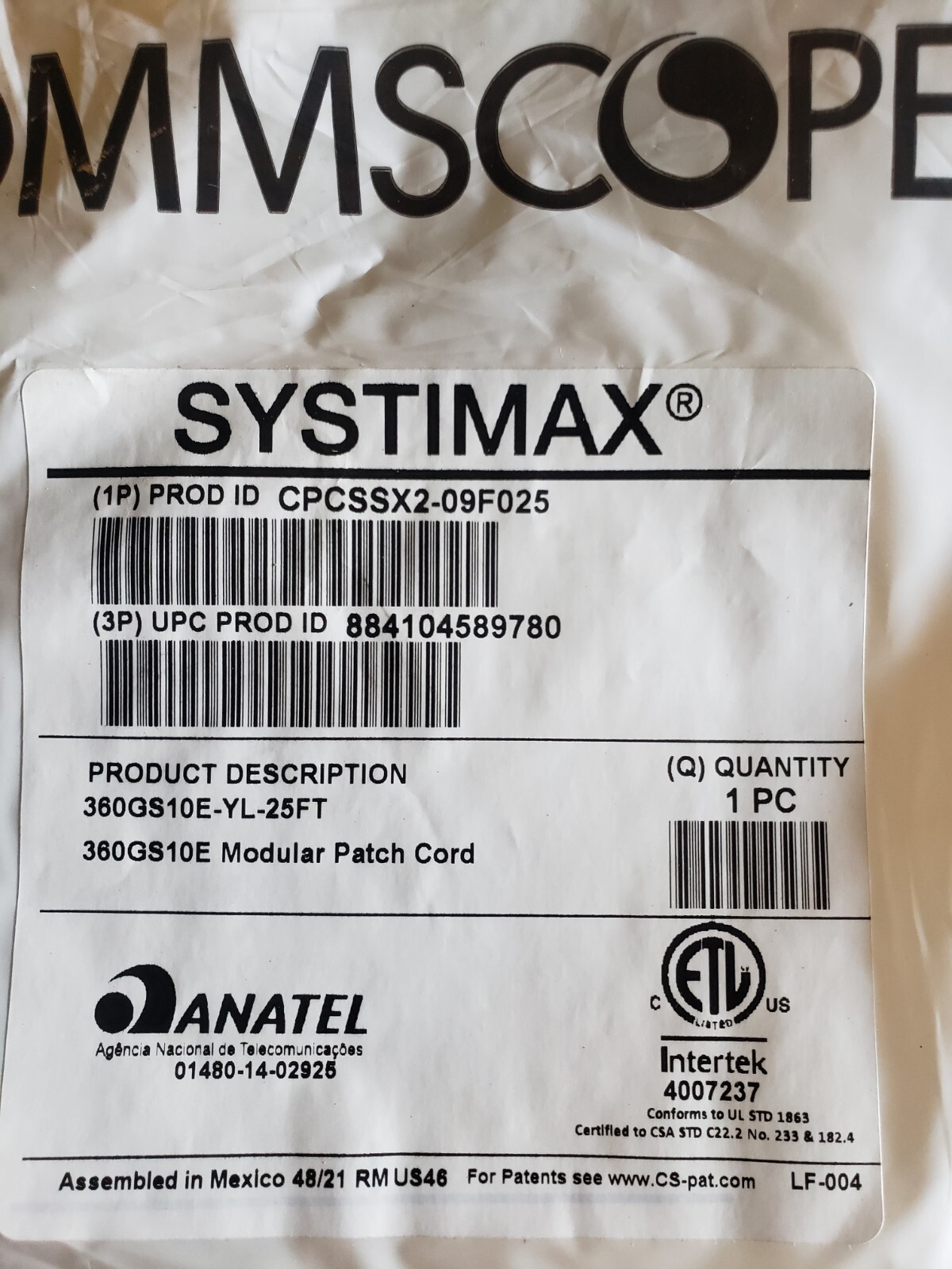 commscope systimax CPCSSX2-09F025 yellow- lot of 5