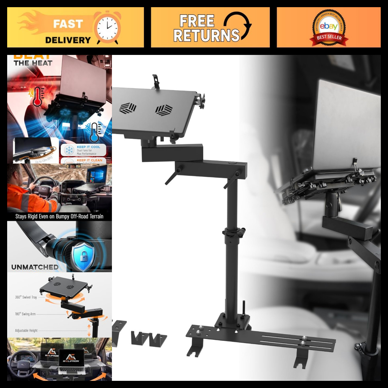 Heavy-Duty No-Drill Laptop Mount for Trucks, Mobile Work Stand for Cars