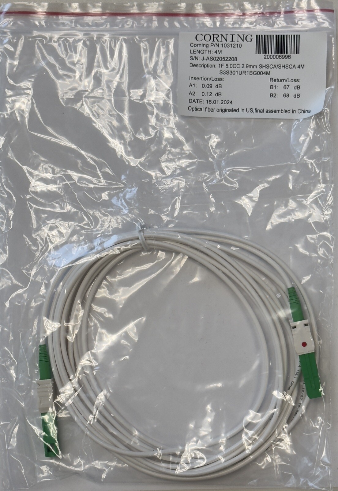 Corning 1031210 1F 5.0CC 2.9mm SHSCA/SHSCA Fiber Optic Patch Cables 4M