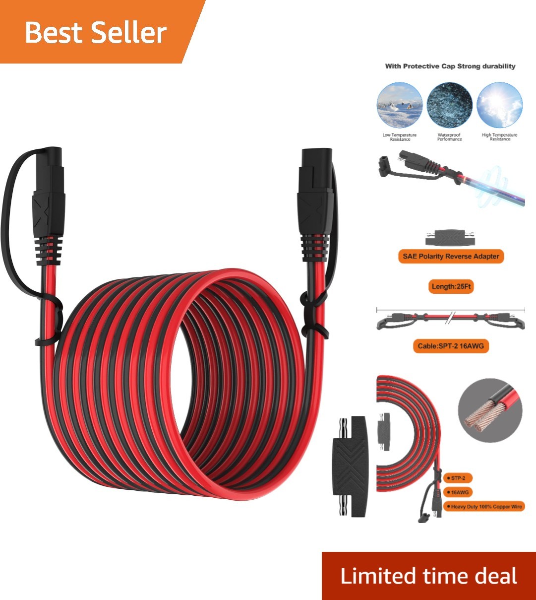 Durable 25FT SAE Extension Cable with Connector Protection Cap for Outdoor Use