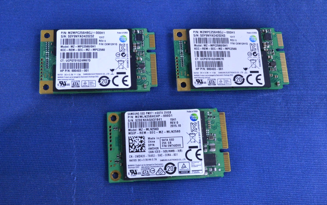 Lot of 3 Mixed Samsung MZ-MLN256D & MZ-MPC2560/0H1 256GB 1.8" mSATA SSD(J090901)