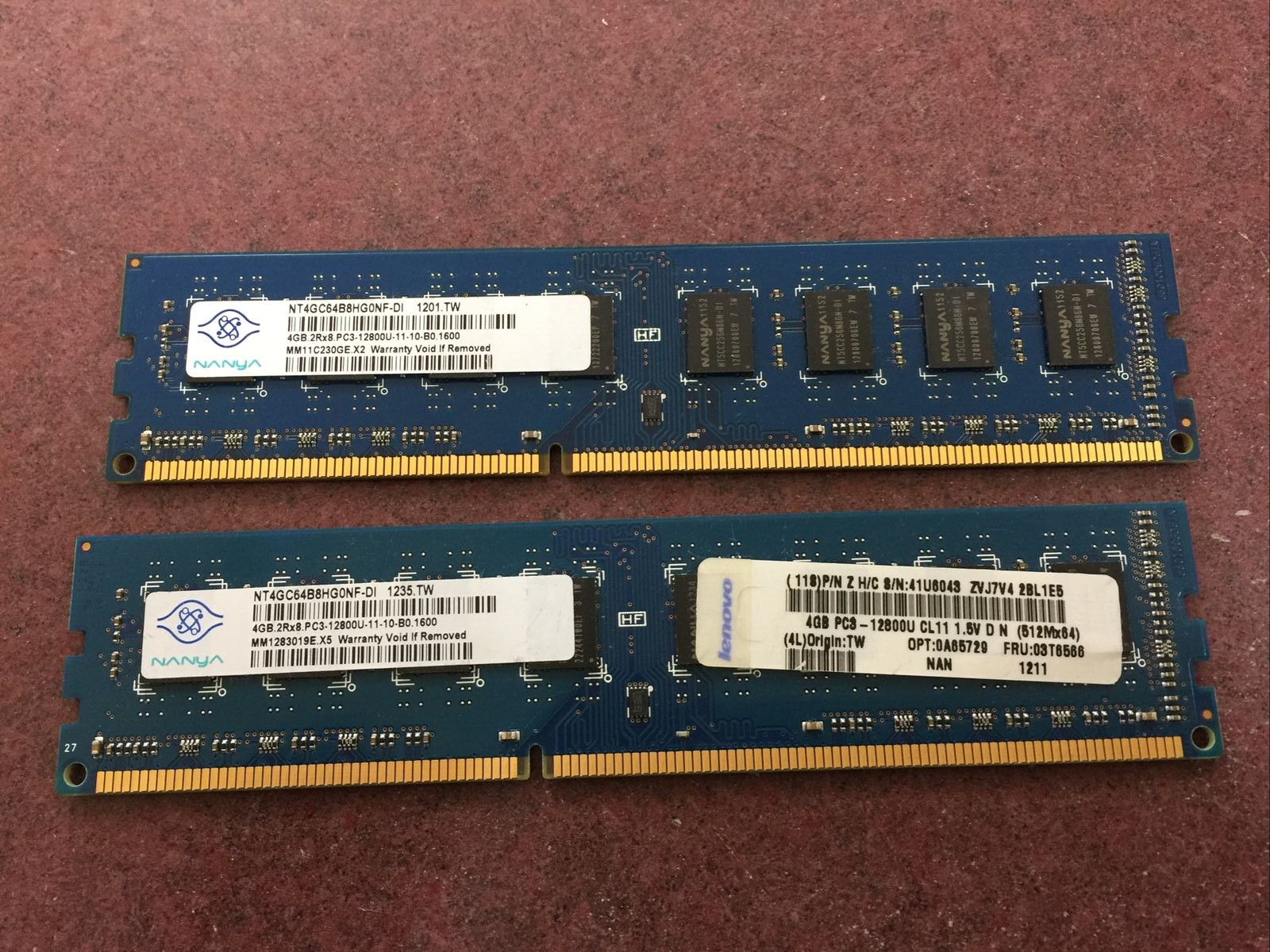 LOT OF 2 -- Nanya 8GB (2x4GB) 2Rx8 PC3-12800U DDR3-1600 Desktop Memory RAM