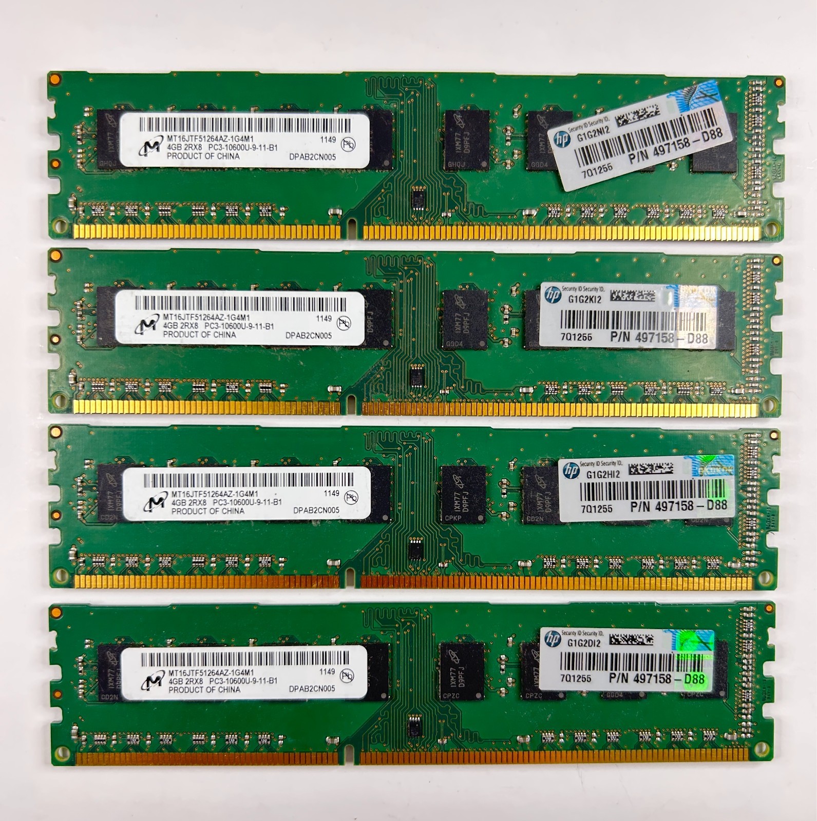 💻 Lot of 4 Micron 4GB DDR3 Desktop Memory RAM – PC3-10600U – HP P/N 497158-D