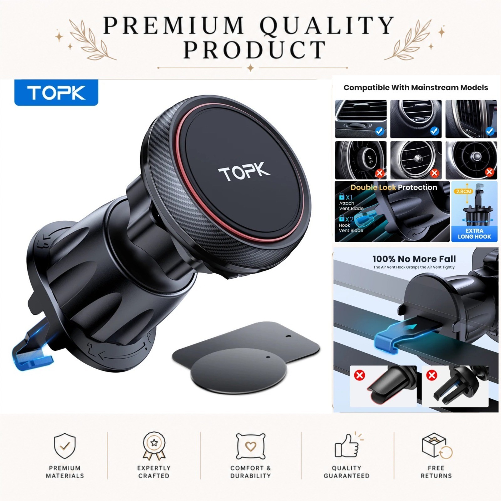 TOPK Magnetic Car Phone Mount Air Vent Holder 360° 6 N52 Magnets