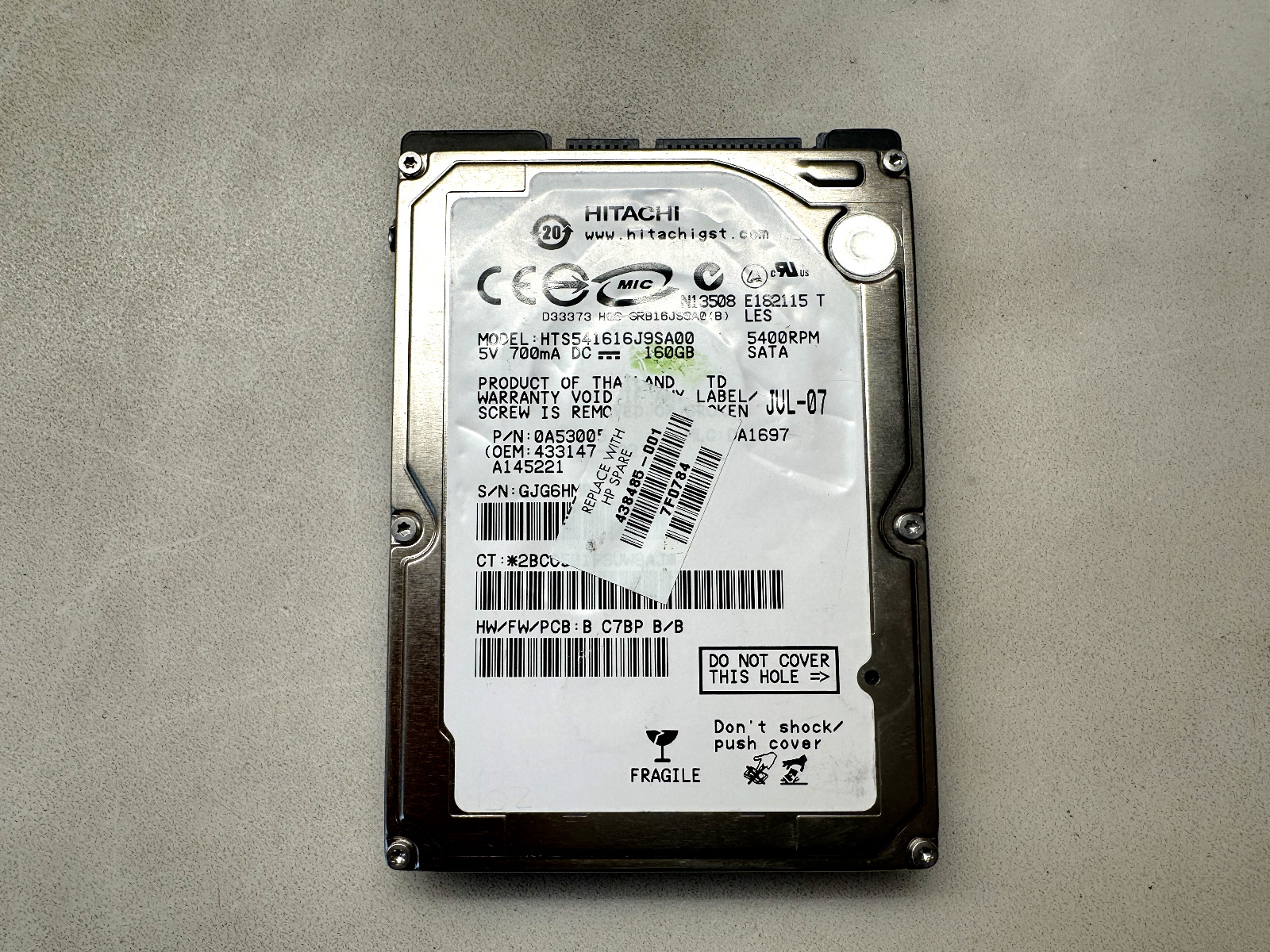HITACHI HTS541616J9SA00 160GB PCB 220 0A52018 01 SATA HARD DRIVE TESTED (4280N)
