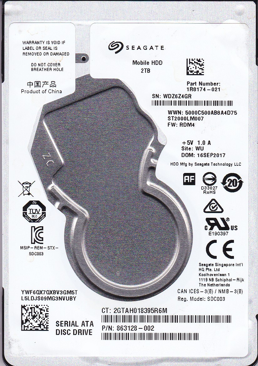 ST2000LM007 pn: 1R8174-021 fw: RDM4 sn: WDZ6 WU SEP 2017 2TB SATA 2.5" SEAGATE