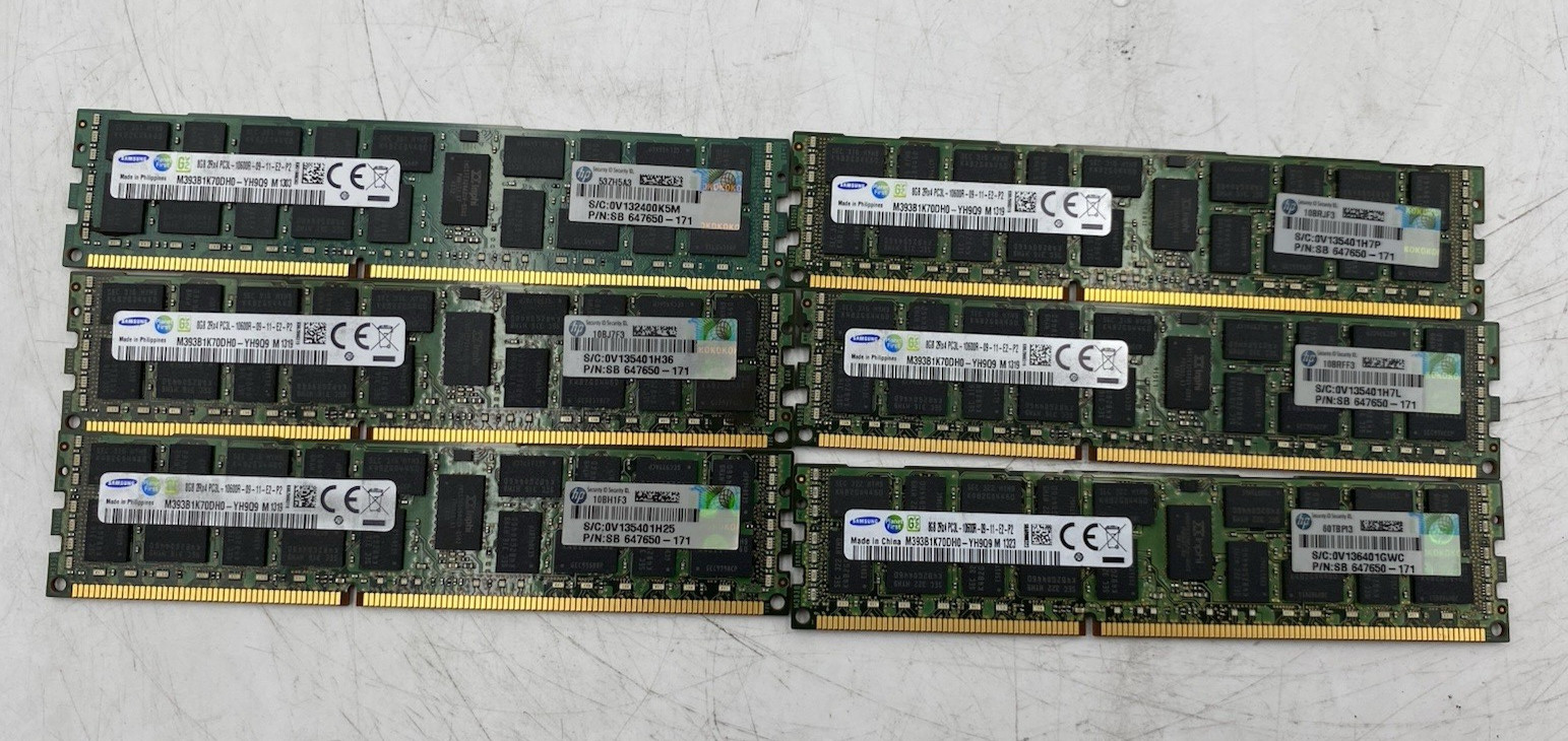 LOT OF 6 Samsung 8GB 2Rx4 PC3L-10600R-09-11-E2-P2 Server RAM M393B1K70DH0-YH9Q9