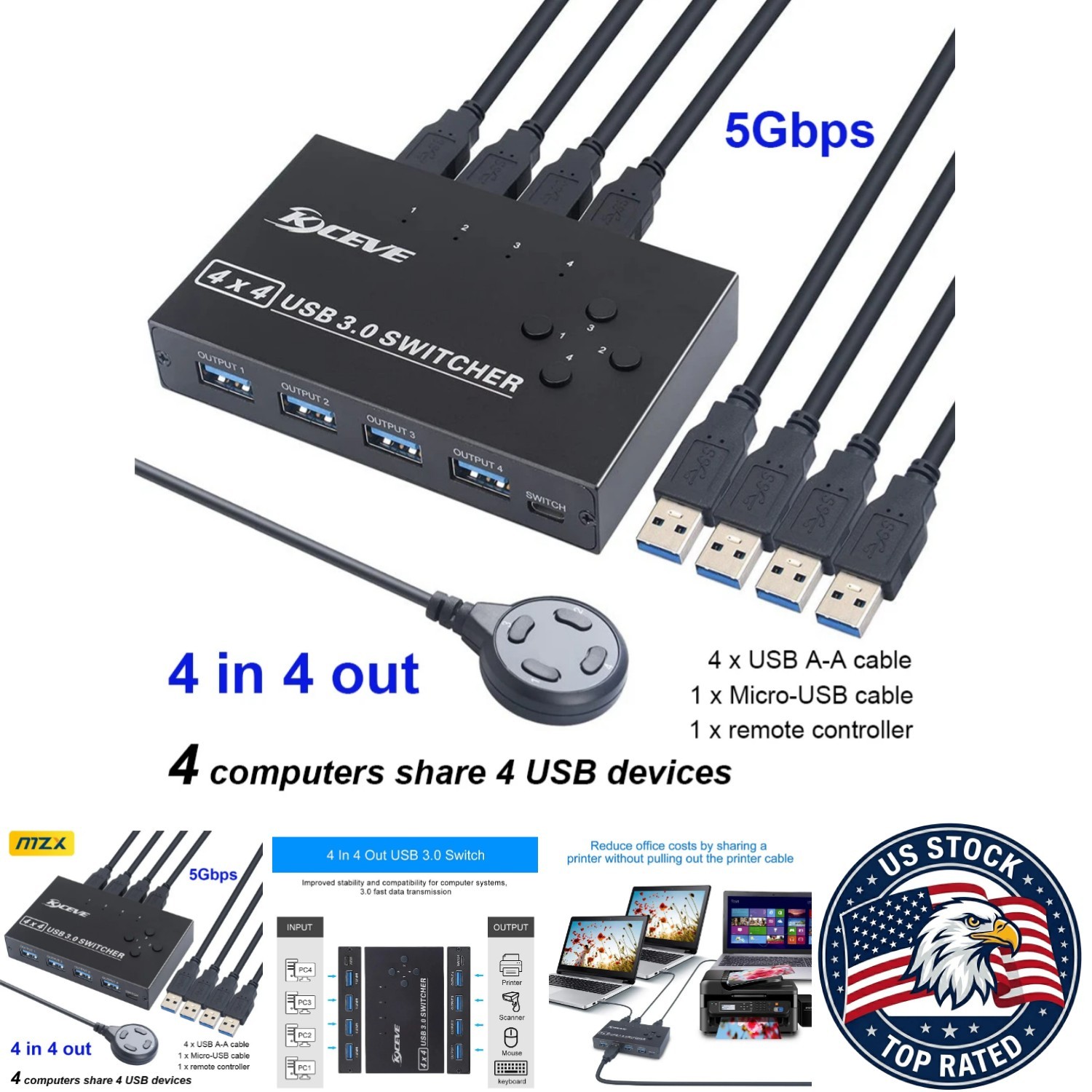 USB Switch Selector 4x4 KVM 4 Hosts Share 4 USB Devices - 4 USB 3.0 SWITCH KM