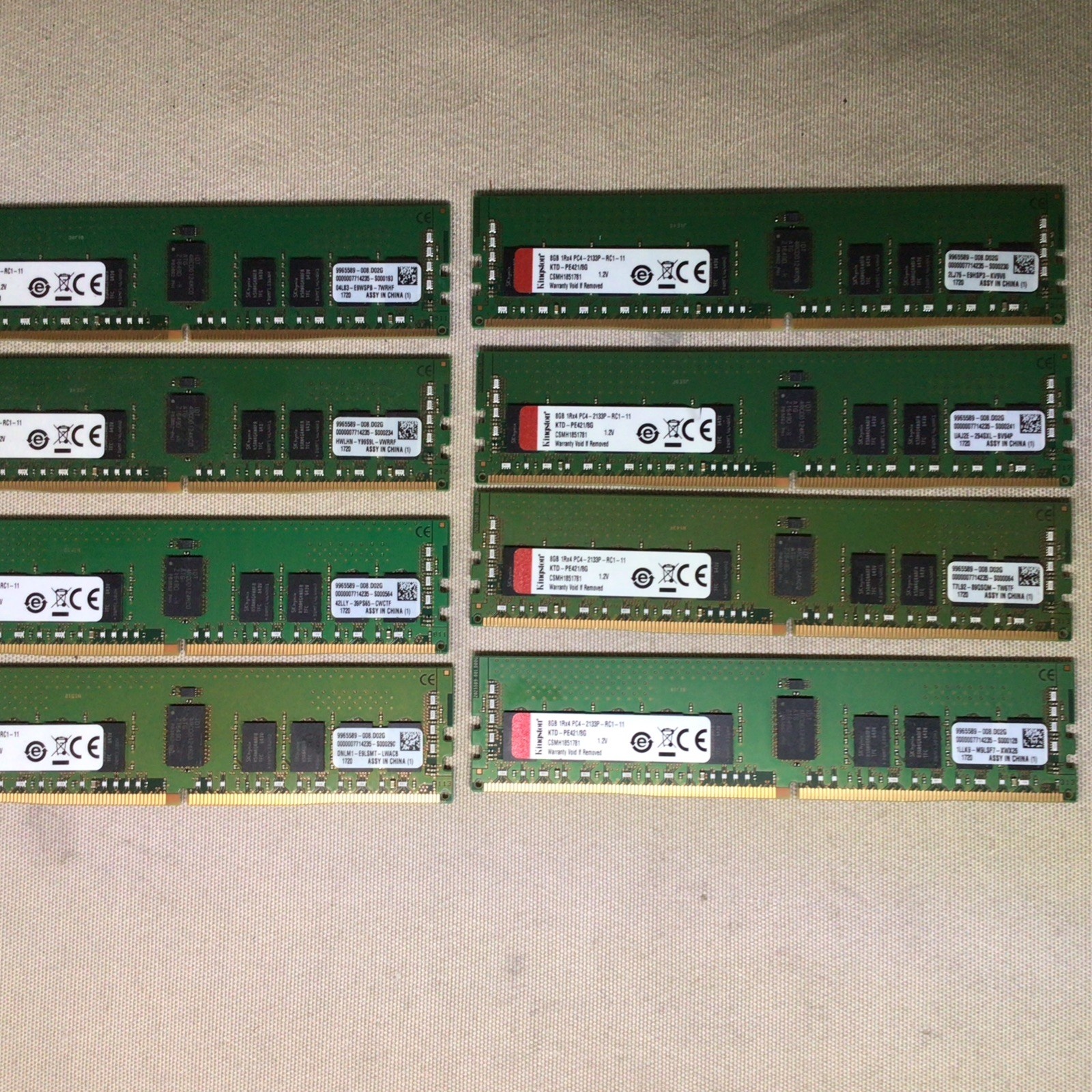 LOT OF 8-Kingston 8GB 1Rx4 PC4-2133P-RC1-11 Memory KTD-PE421/8G