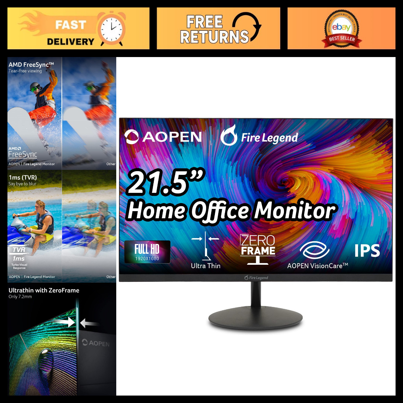 21.5" FHD 1920x1080 IPS Monitor, 100Hz Refresh Rate, Ideal for Office Use
