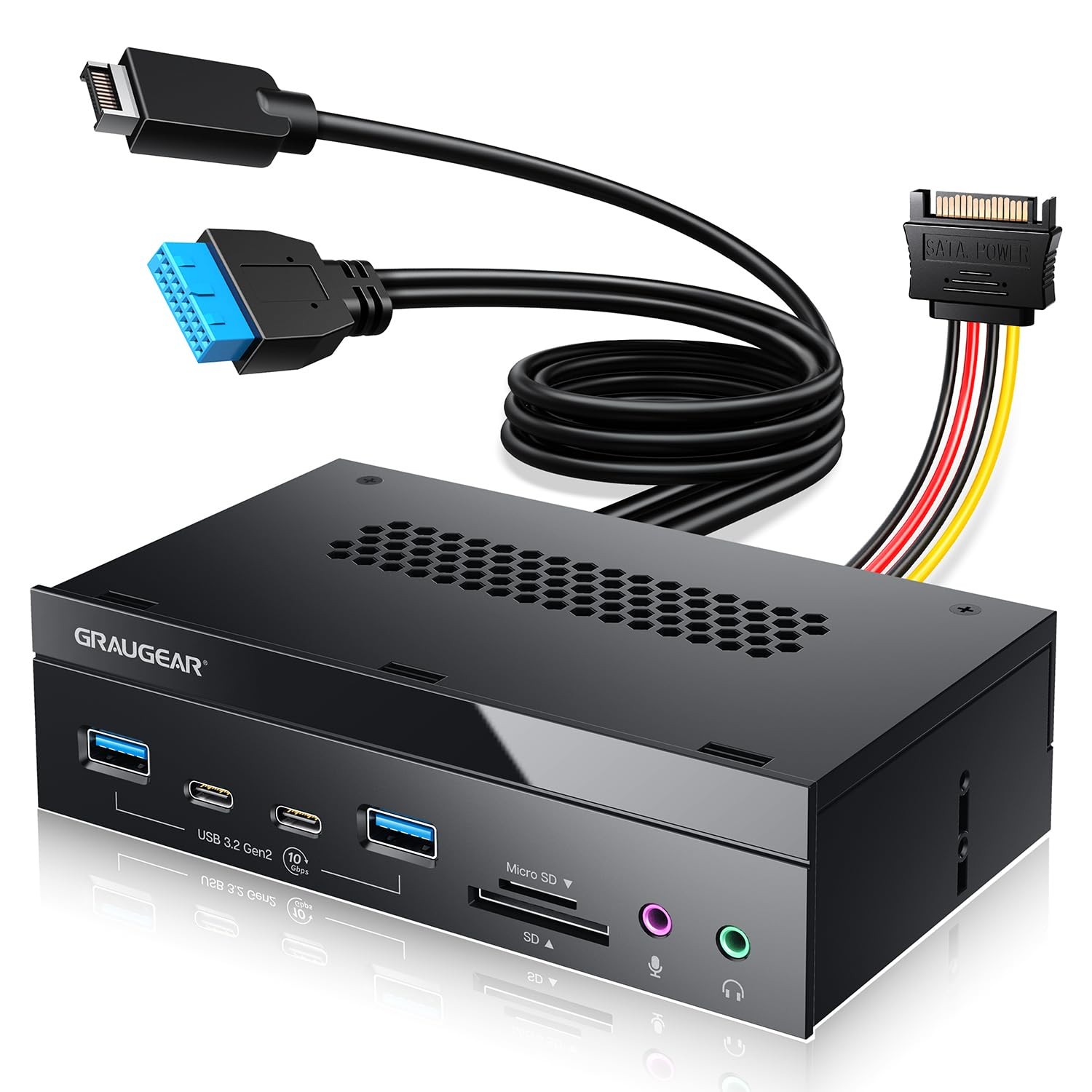 GRAUGEAR 5.25" PC Front Panel USB Hub - 10Gbps USB-C Ports, Dual USB 3.0,