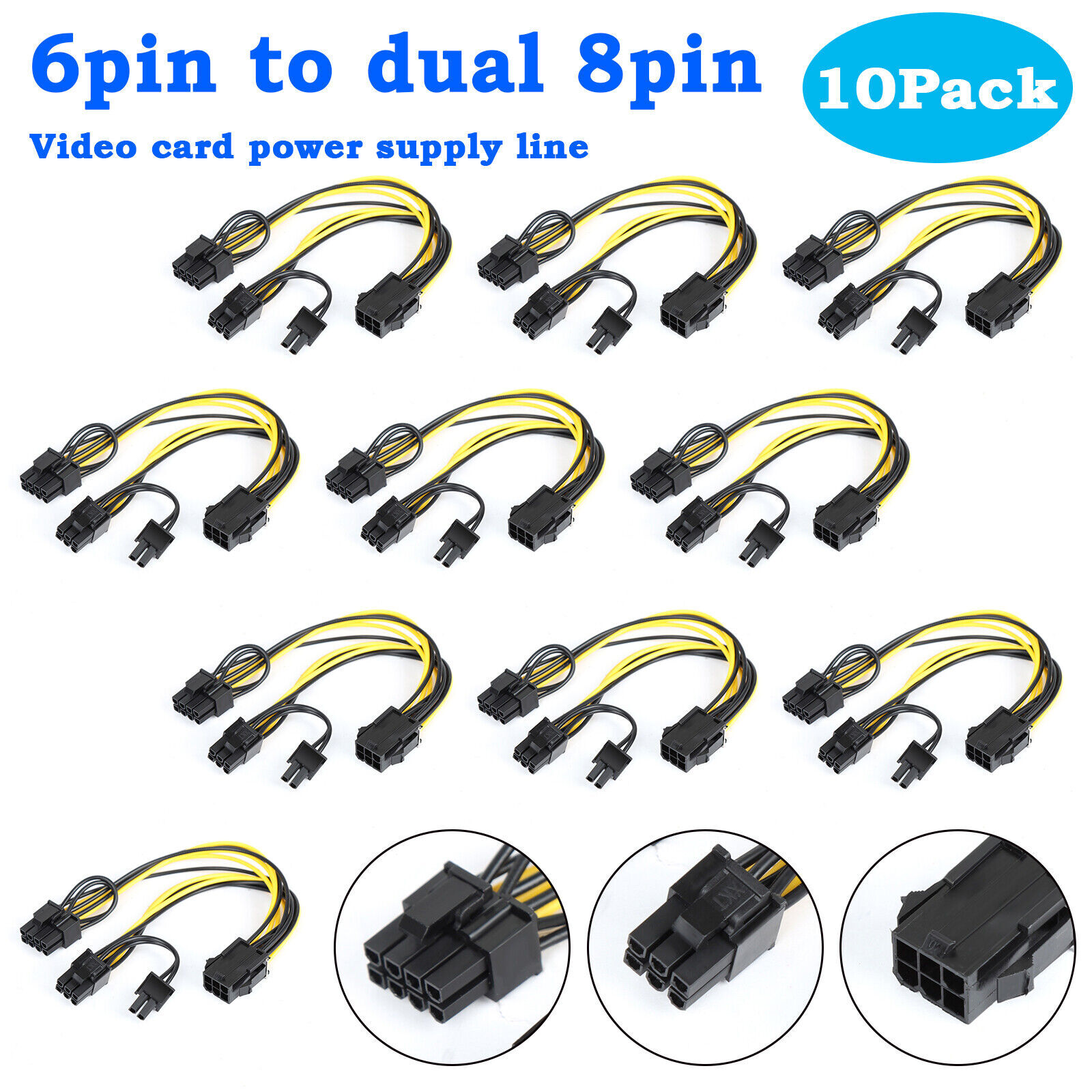 10 Pcs PCIE 6 pin Female to Dual PCI-E 8 pin (6+2) Male GPU Power Cable Splitter