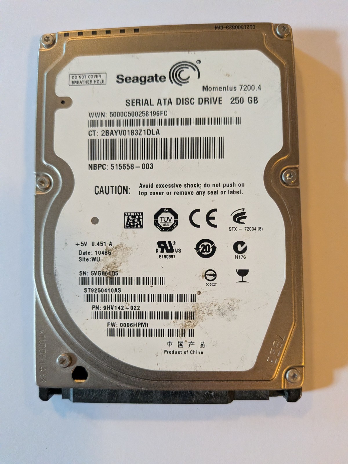 Seagate 250GB 2.5" HDD ST9250410AS 7200RPM - Low Hours 1124 - 