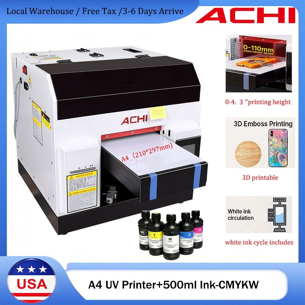 ACHI A4 UV Printer Epson L800 DTG Printer For Metal Glass Wood Phone Case 【US】
