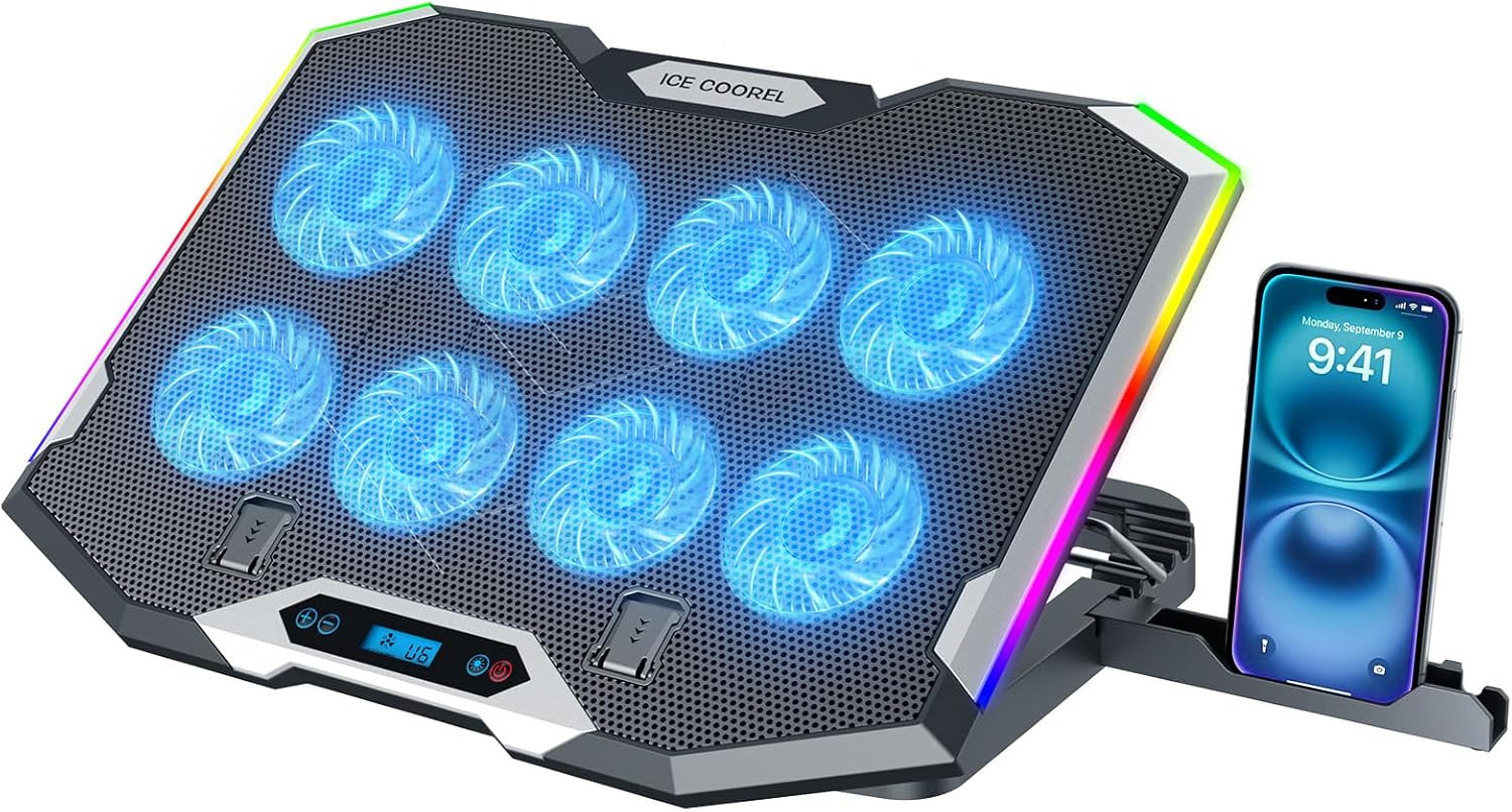 ICE COOREL Gaming Laptop Cooling Pad with 8 Cooling Fans, Laptop Fan Cooler Pad
