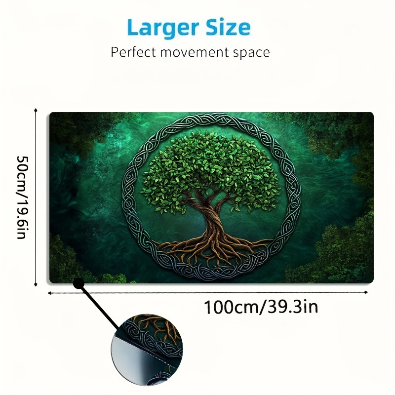 A Large Gaming Mouse Pad Featuring a Green Woven Ring Around The Tree of Life
