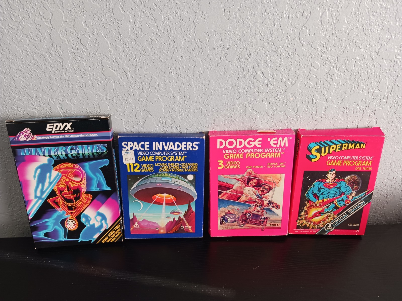 Atari 2600 Games: Winter Games, Space Invaders, Dodge 'Em, Superman. CIB Tested