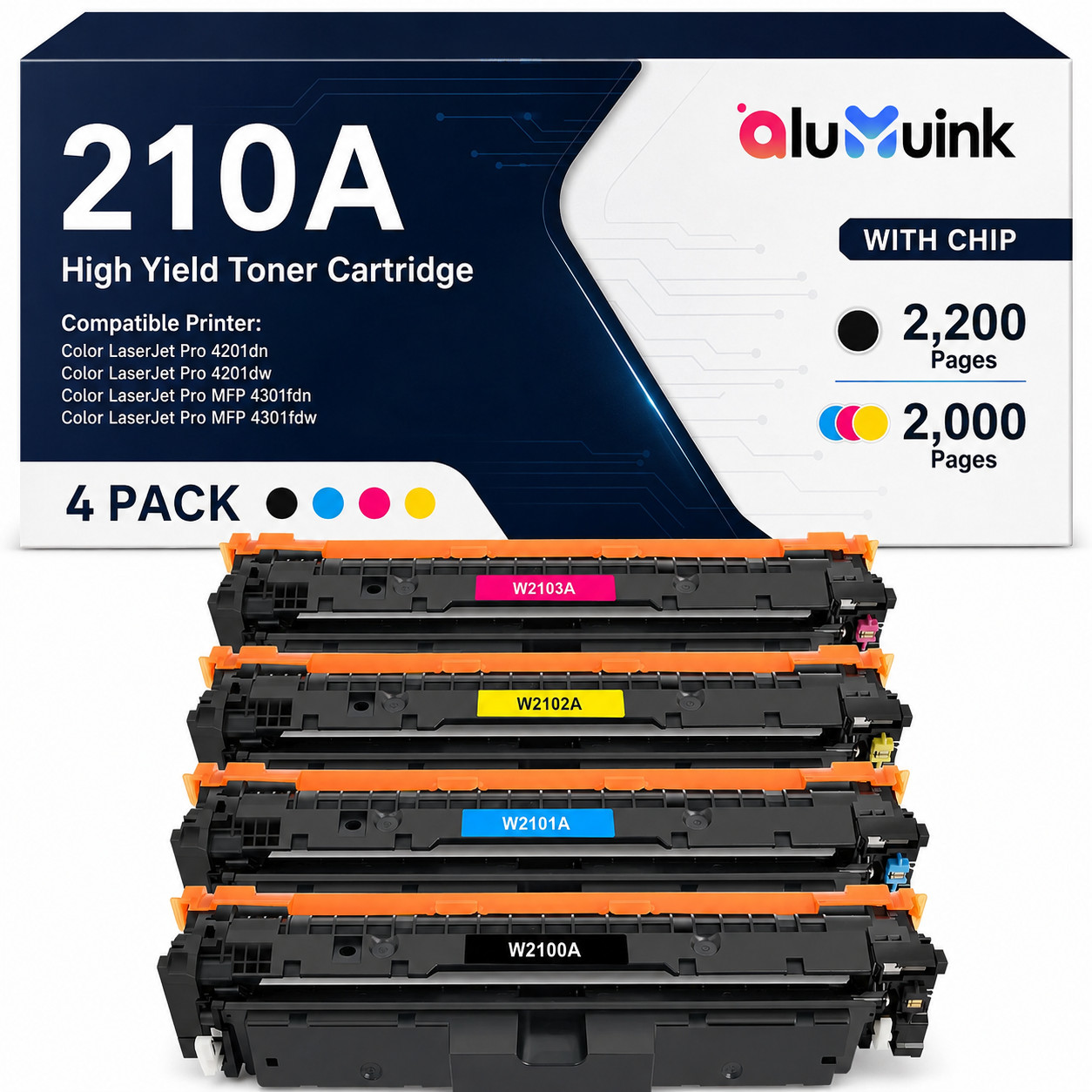 4PK 210A W2100A Toner Compatible for  Color LaserJet Pro 4201dn 4201dw 4301fdw