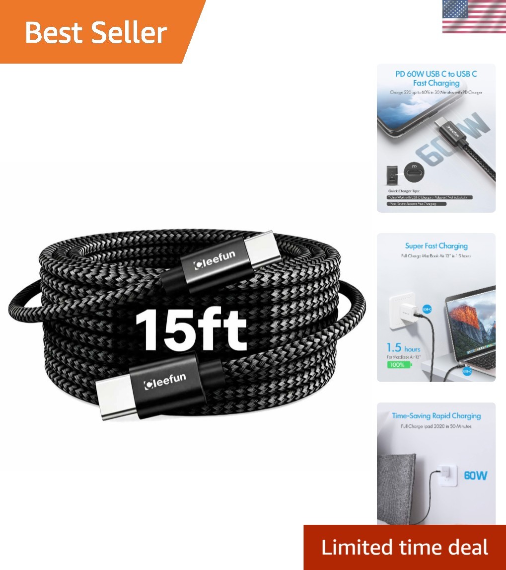 15ft USB C Cable Fast Charging 60W, Long USBC to USB-C Charge Cord 15 Foot Type