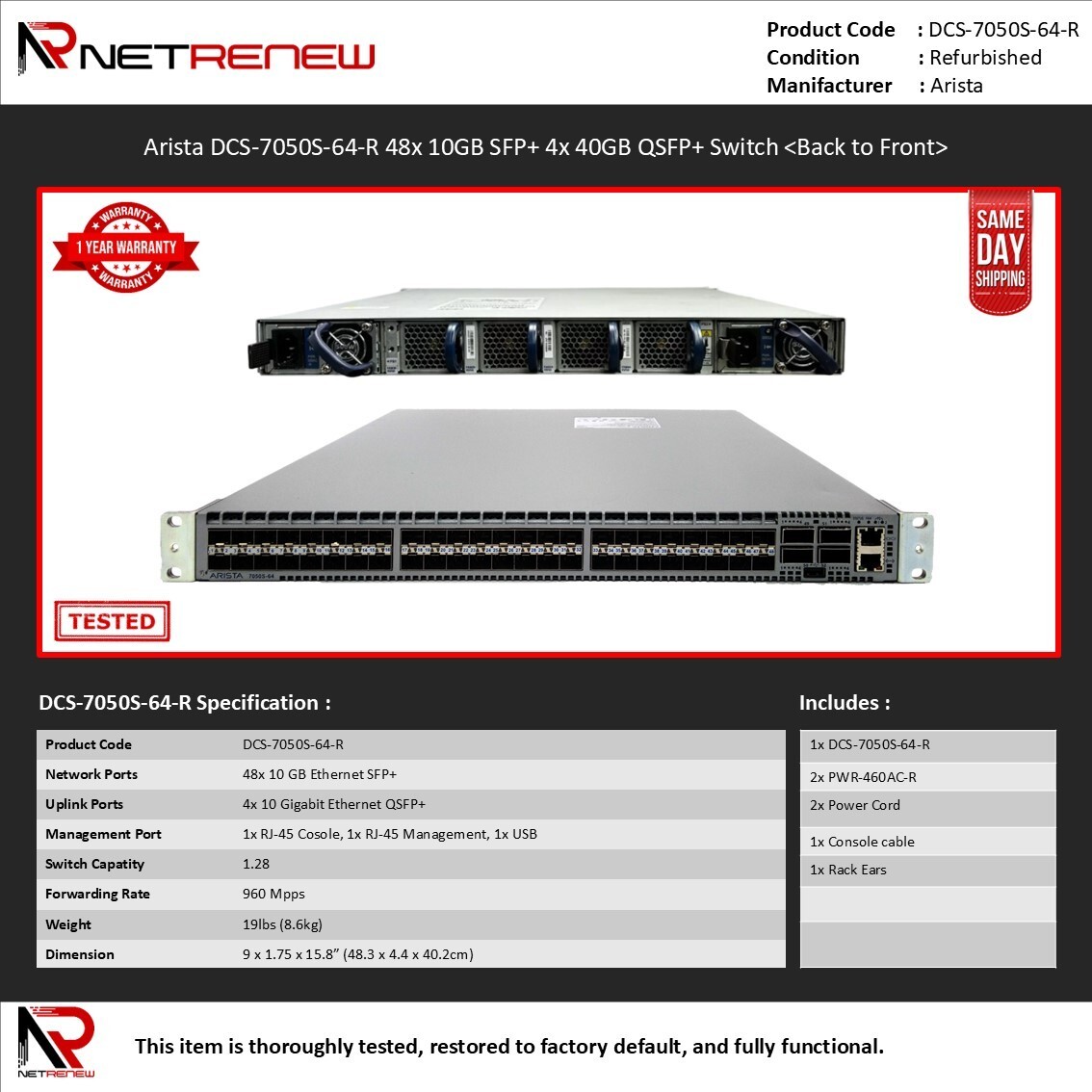 Arista DCS-7050S-64-R 48x 10GB SFP+ 4x 40GB QSFP+ Switch