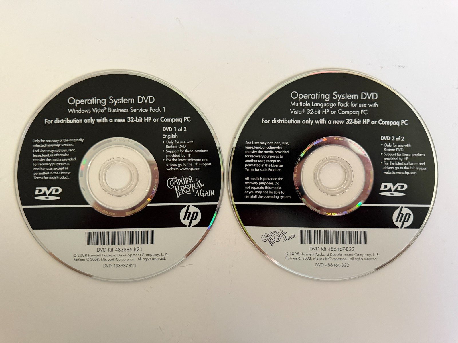 HP compaq operating system dvd windows vista business sp1 NEW 32-bit 483886-B21