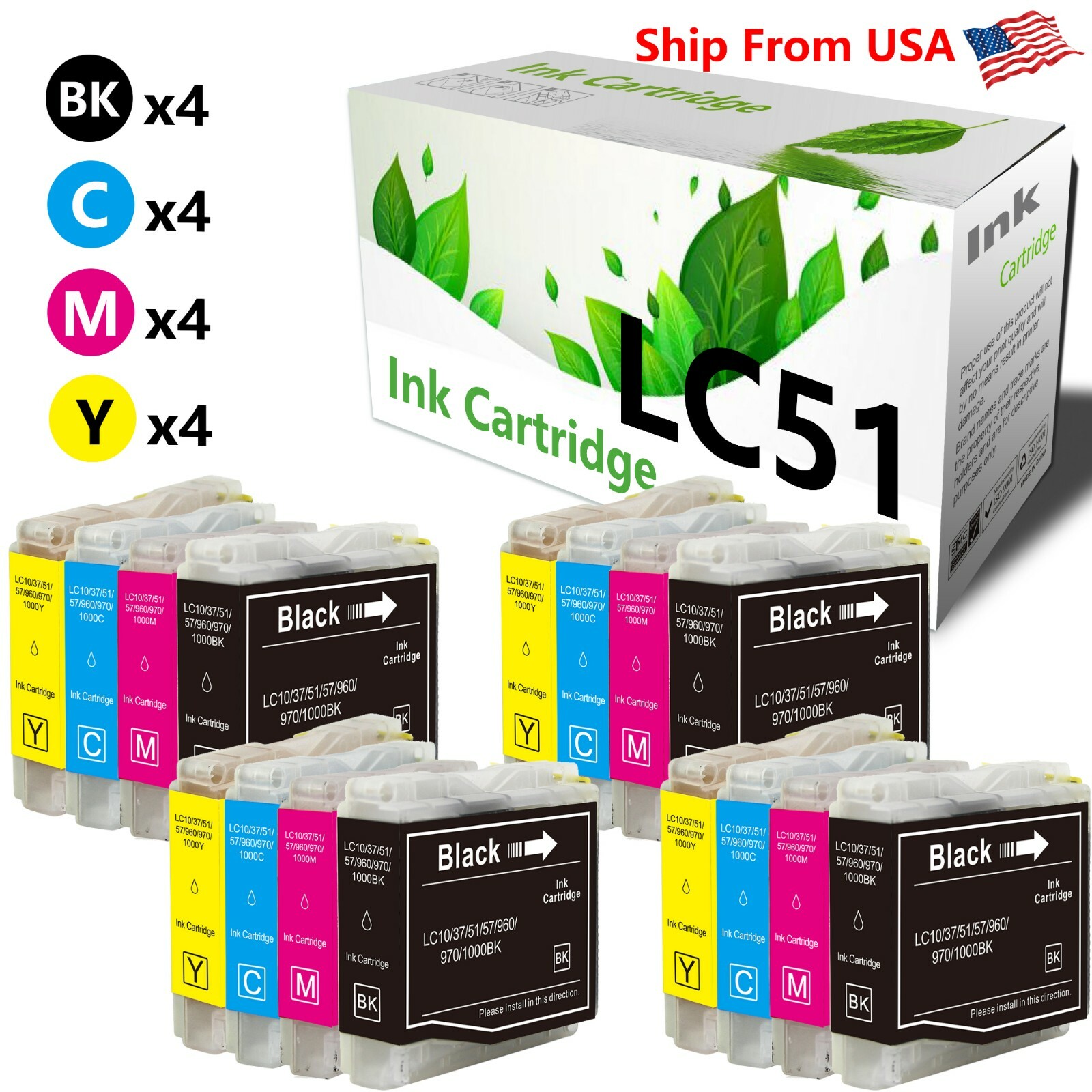 16PK LC51 LC-51 Ink Cartridge for Brother MFC-230C MFC-240C MFC-665CW MFC-685CW