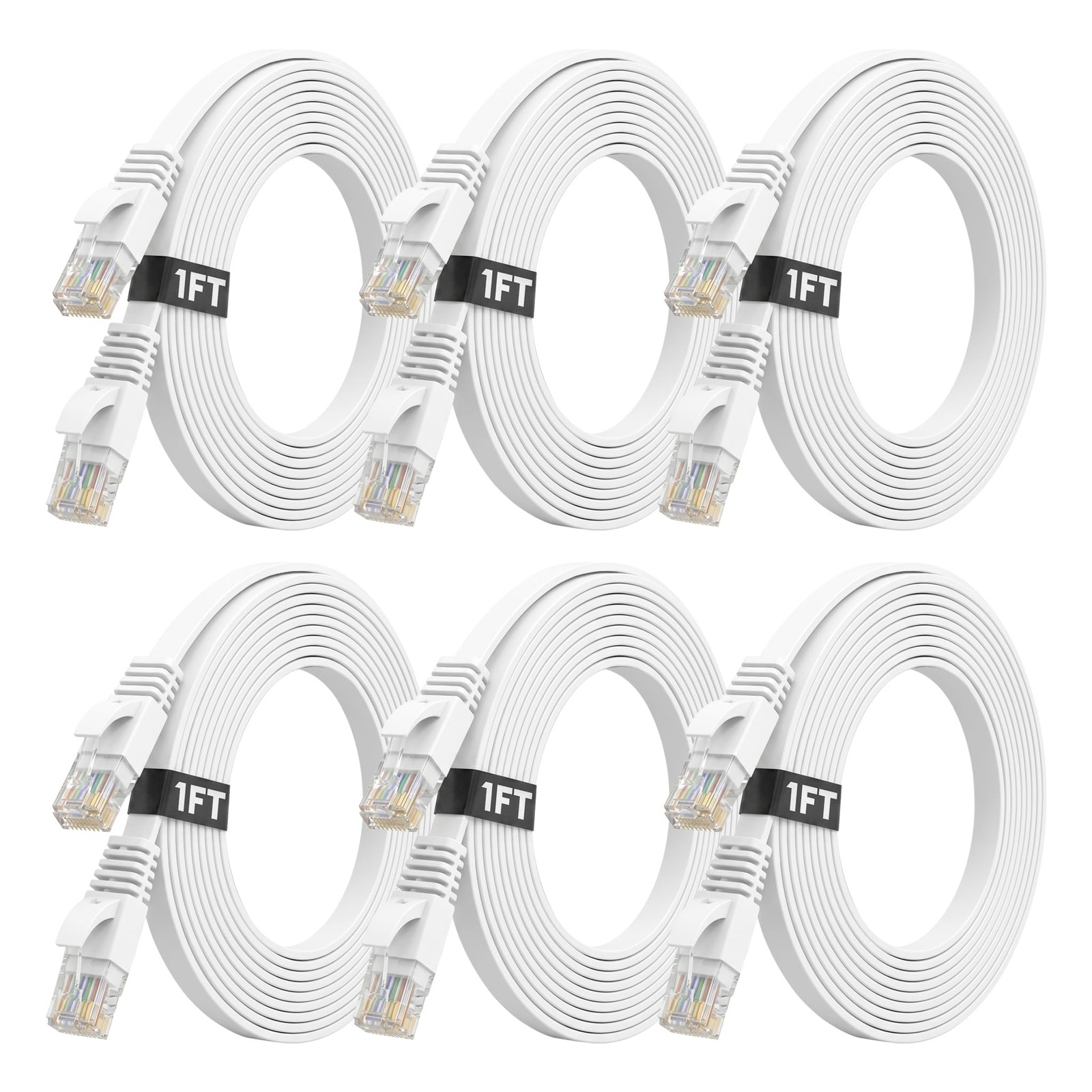 6 Pack White Cat 6 Flat Ethernet Cable 1 Ft 10Gbps LAN Cable