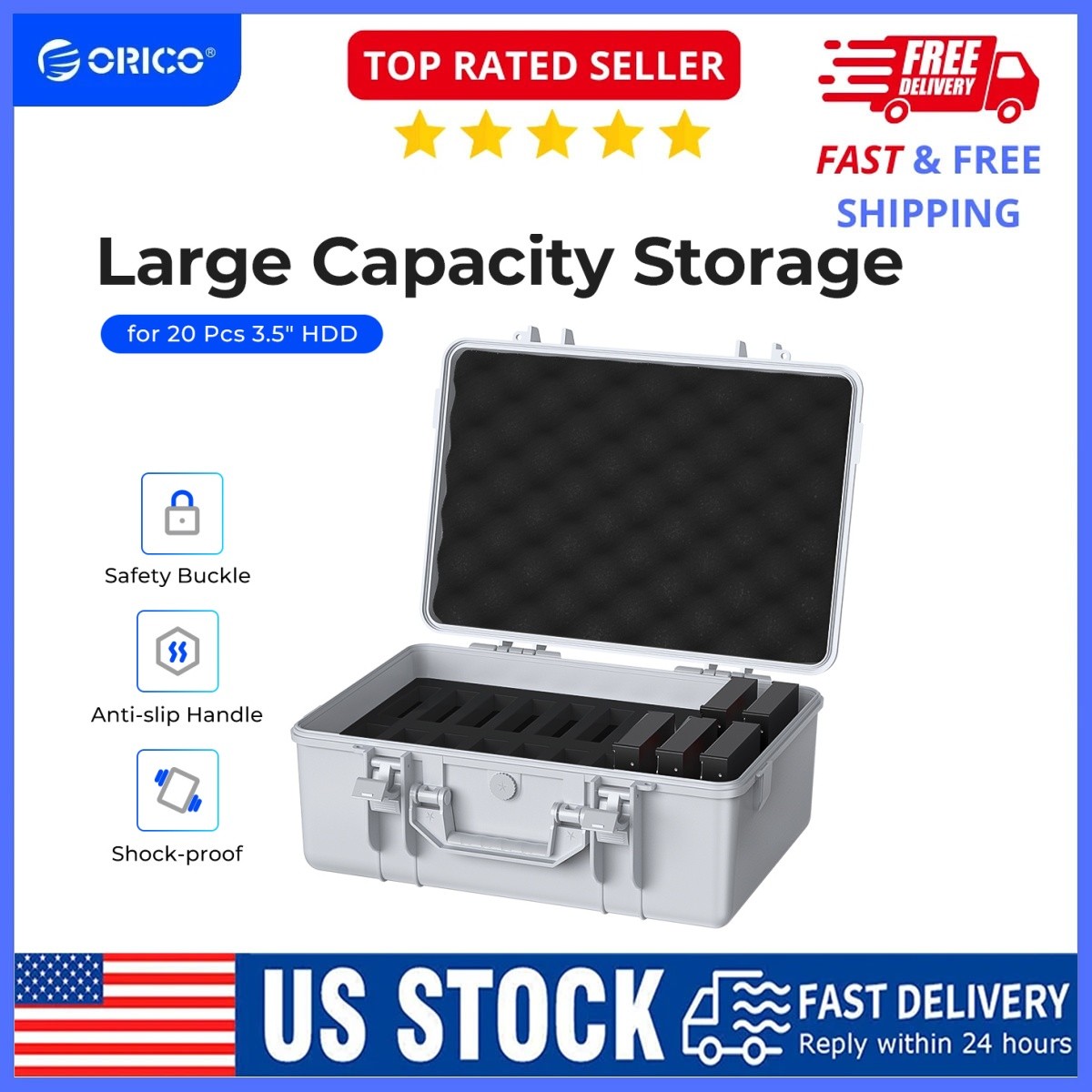 ORICO Hard Drive Case 3.5in 20Bay HDD/SSD Multi-Protection Storage Suitcase Gray