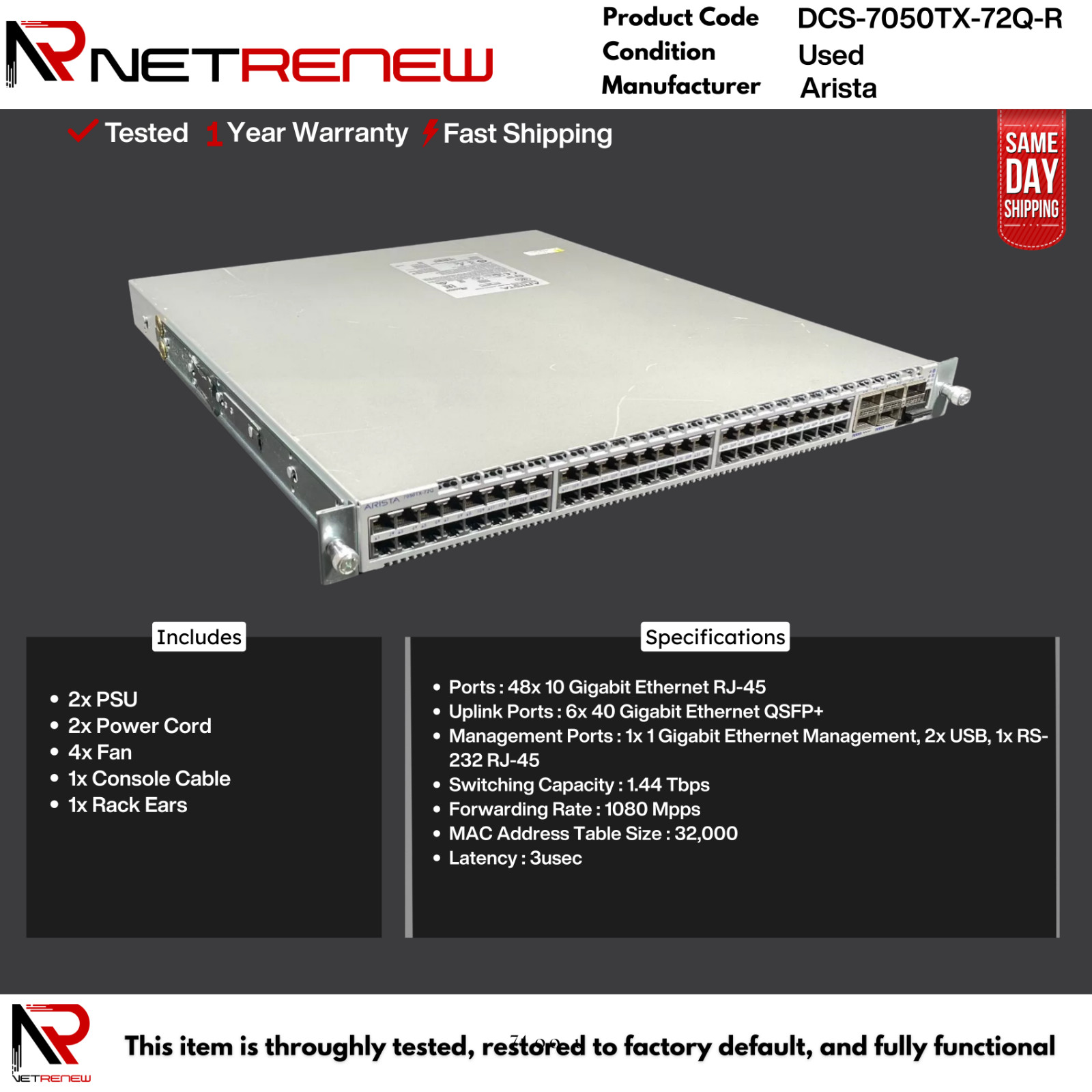 Arista DCS-7050TX-72Q-R 48x 10GB 6x 40Gbe QSFP+ Switch
