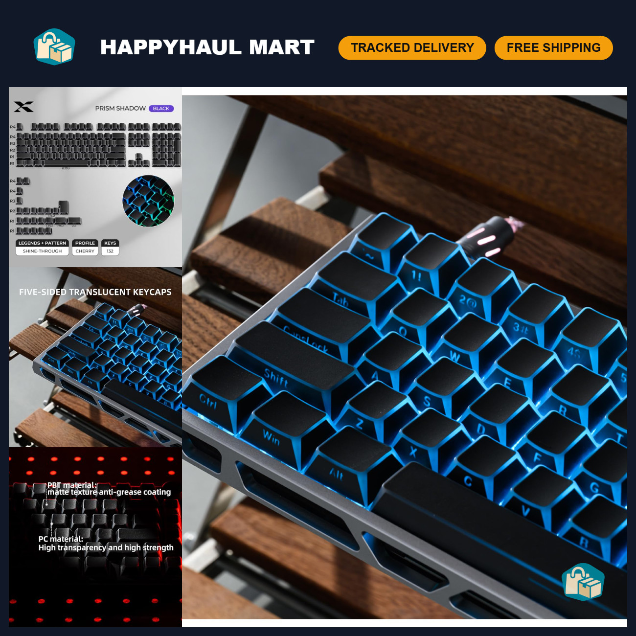Black PBT Keycaps Set, Prism Shine Through, Custom Mechanical Keyboard Upgrade