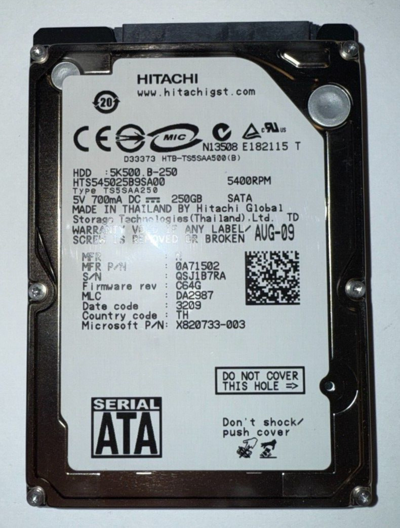 HTS545025B9SA00 Hitachi 250GB 5.4K RPM 3Gb/s 2.5" SATA HDD Hard Drive