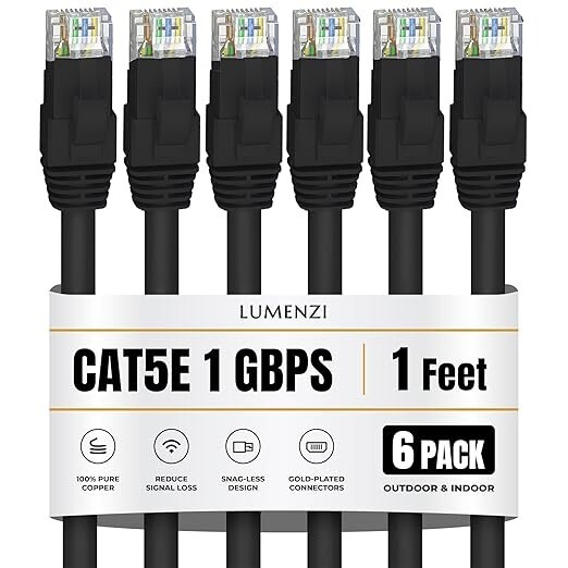 Cat 5e Ethernet Cable 6 Pack in 1 ft 1 Gbps Network Round Rj45 Black, Blue, Gray